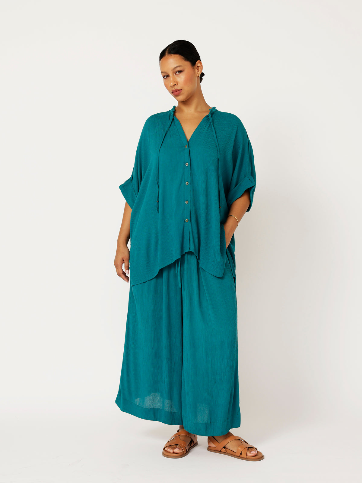 Madison Shirt with frill collar | Teal Crinkle - Saffron Road