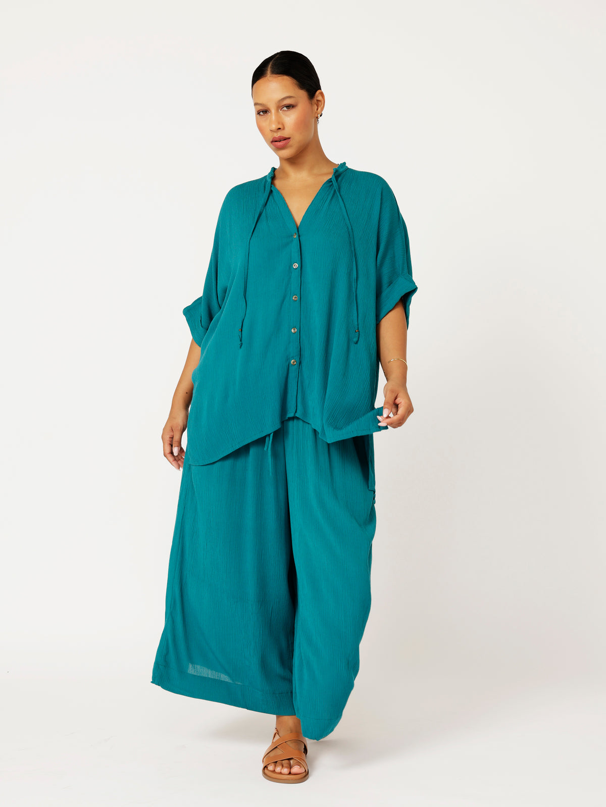 Madison Shirt with frill collar | Teal Crinkle - Saffron Road