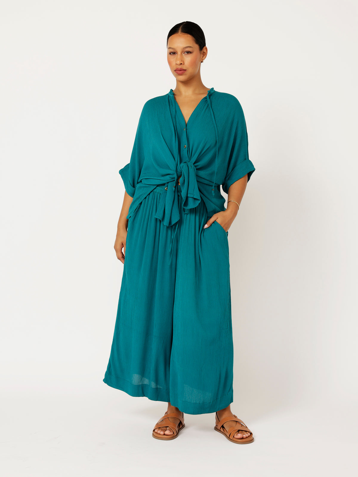 Madison Shirt with frill collar | Teal Crinkle - Saffron Road