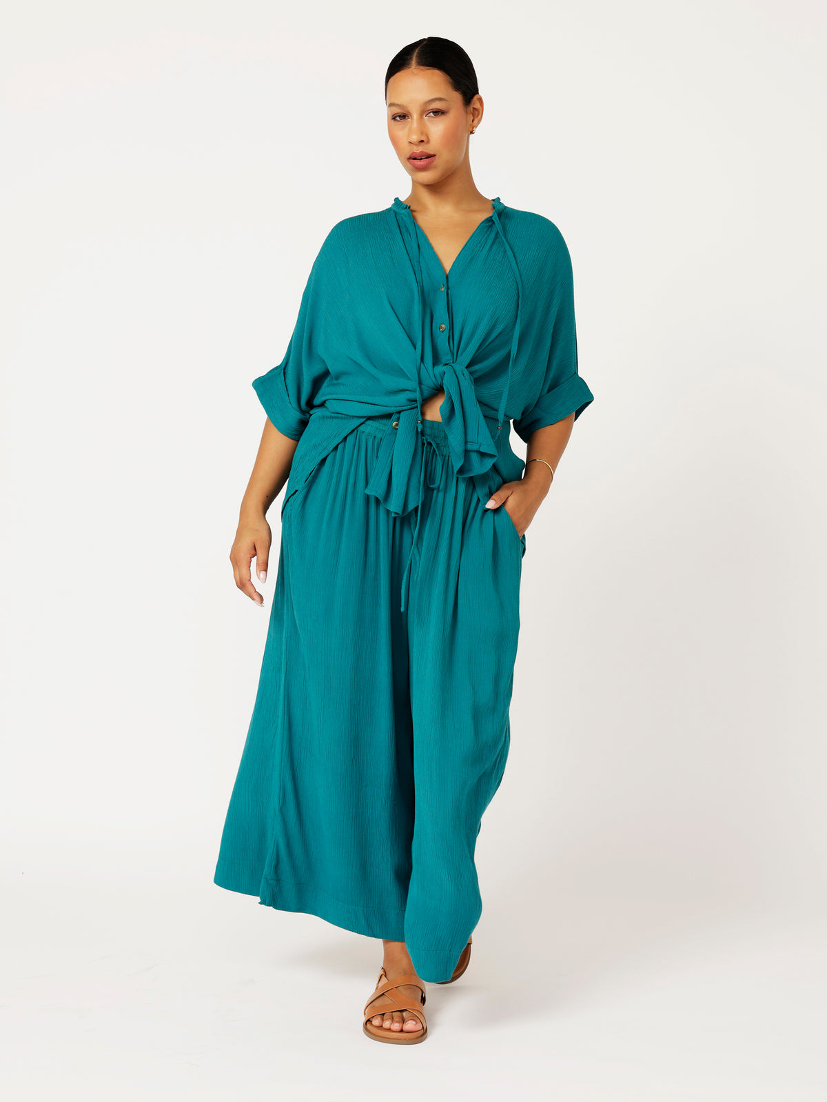 Madison Shirt with frill collar | Teal Crinkle - Saffron Road