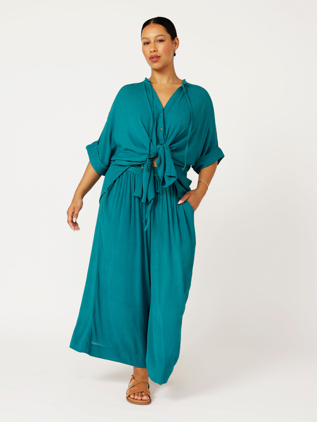 Madison Shirt with frill collar | Teal Crinkle - Saffron Road