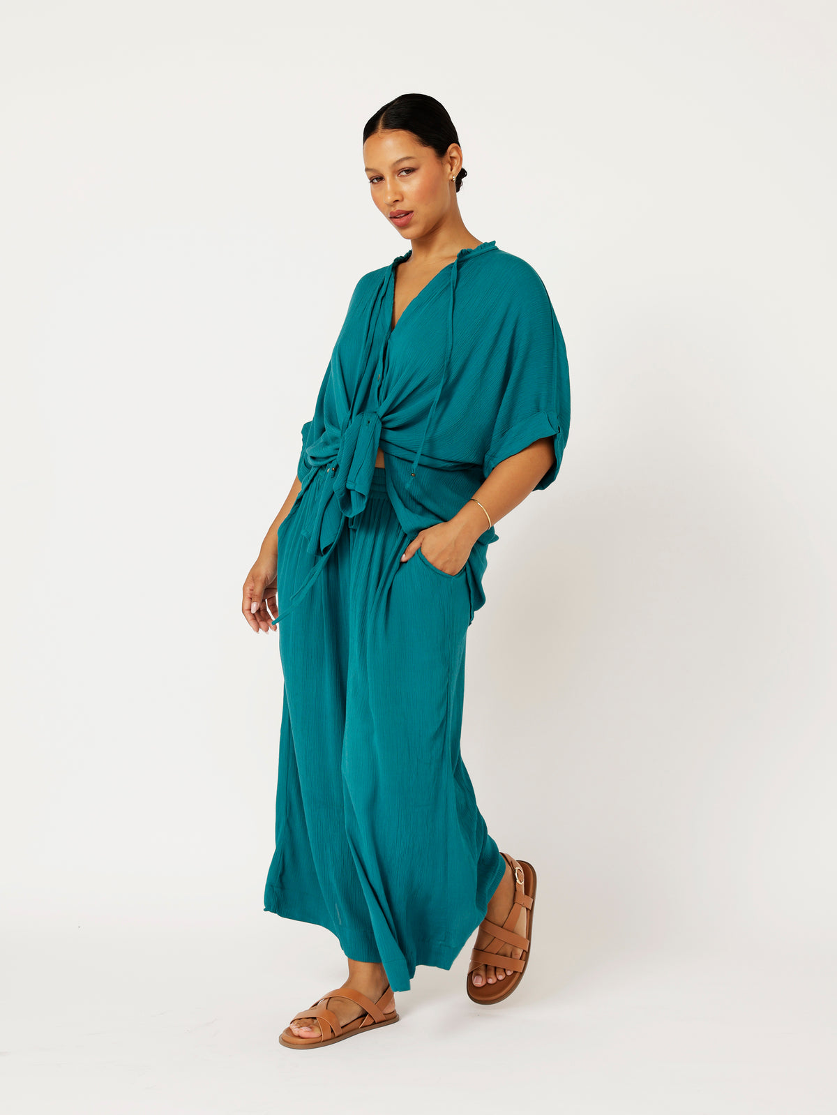 Madison Shirt with frill collar | Teal Crinkle - Saffron Road