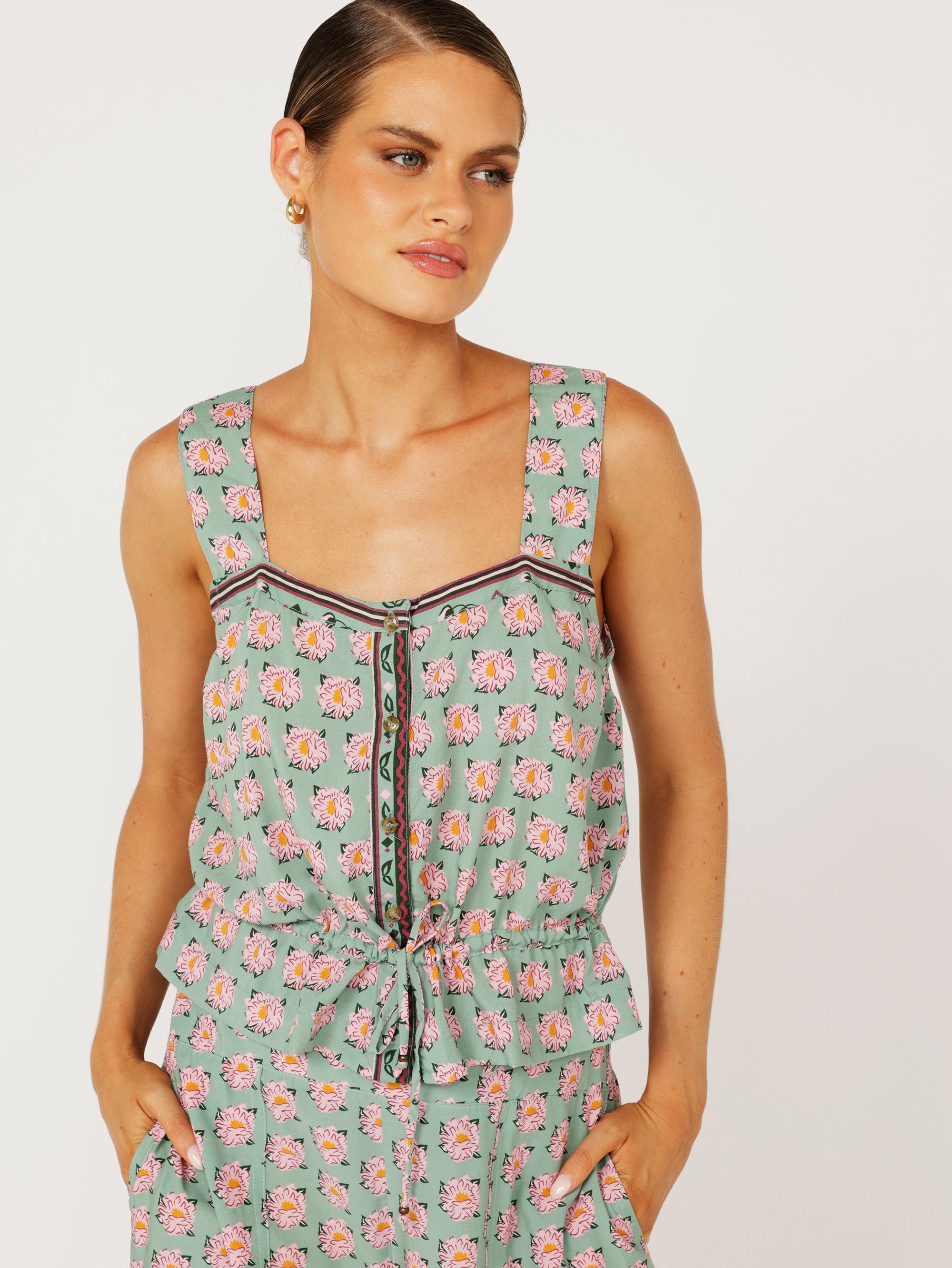 Emma Drawstring Tank | Sage Peony - Saffron Road