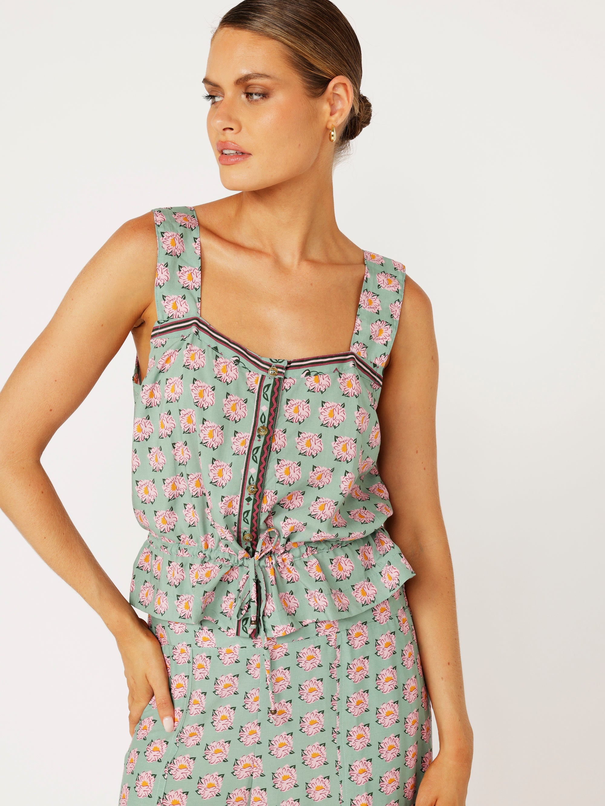 Emma Drawstring Tank | Sage Peony - Saffron Road