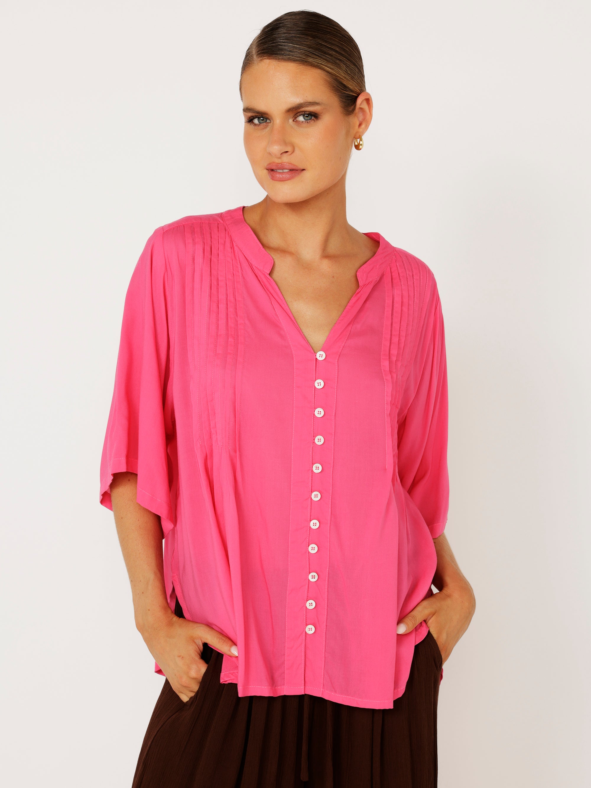 Amber Blouse with Pin Tucks | Hot Pink - Saffron Road
