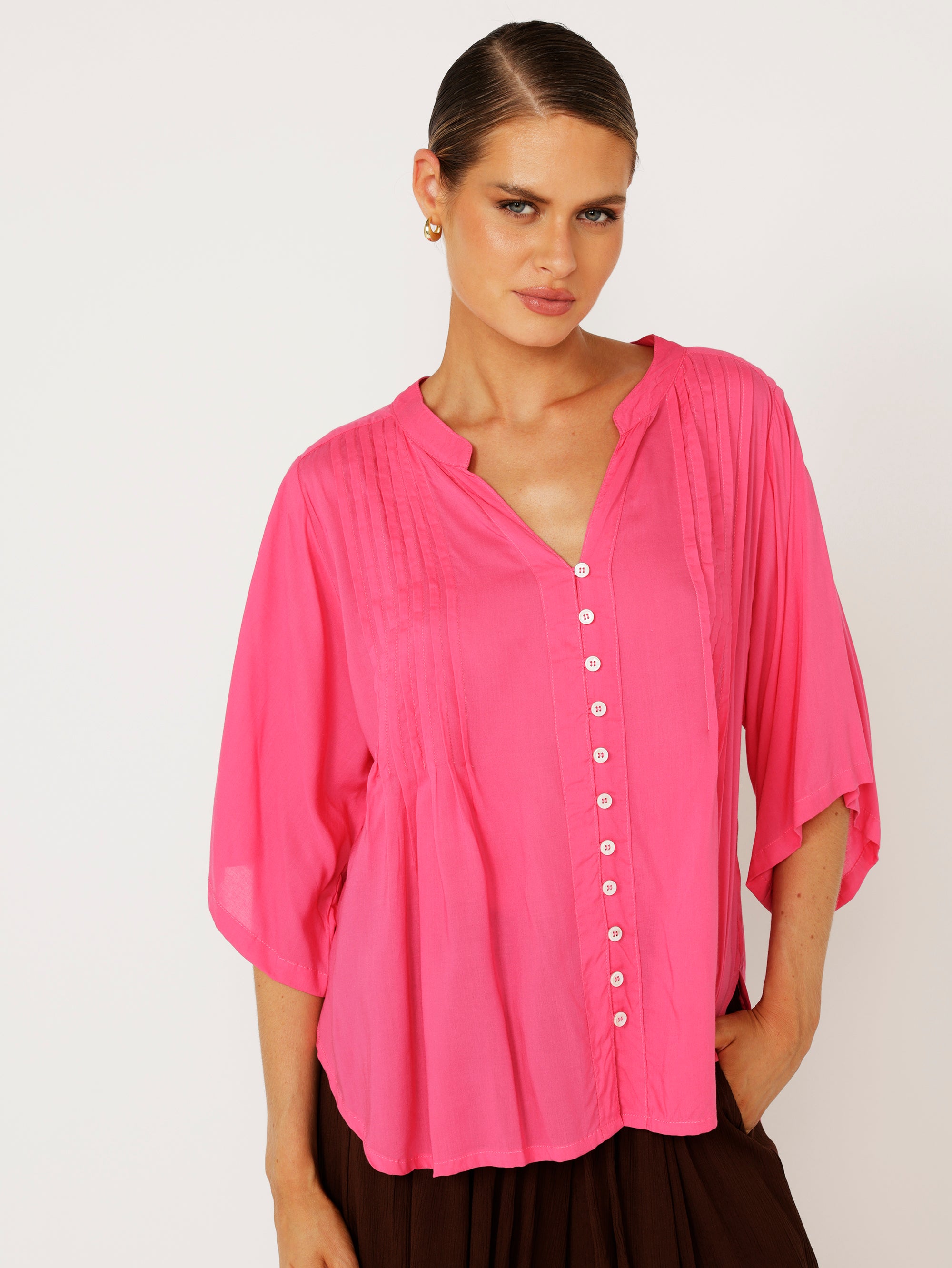 Amber Blouse with Pin Tucks | Hot Pink - Saffron Road