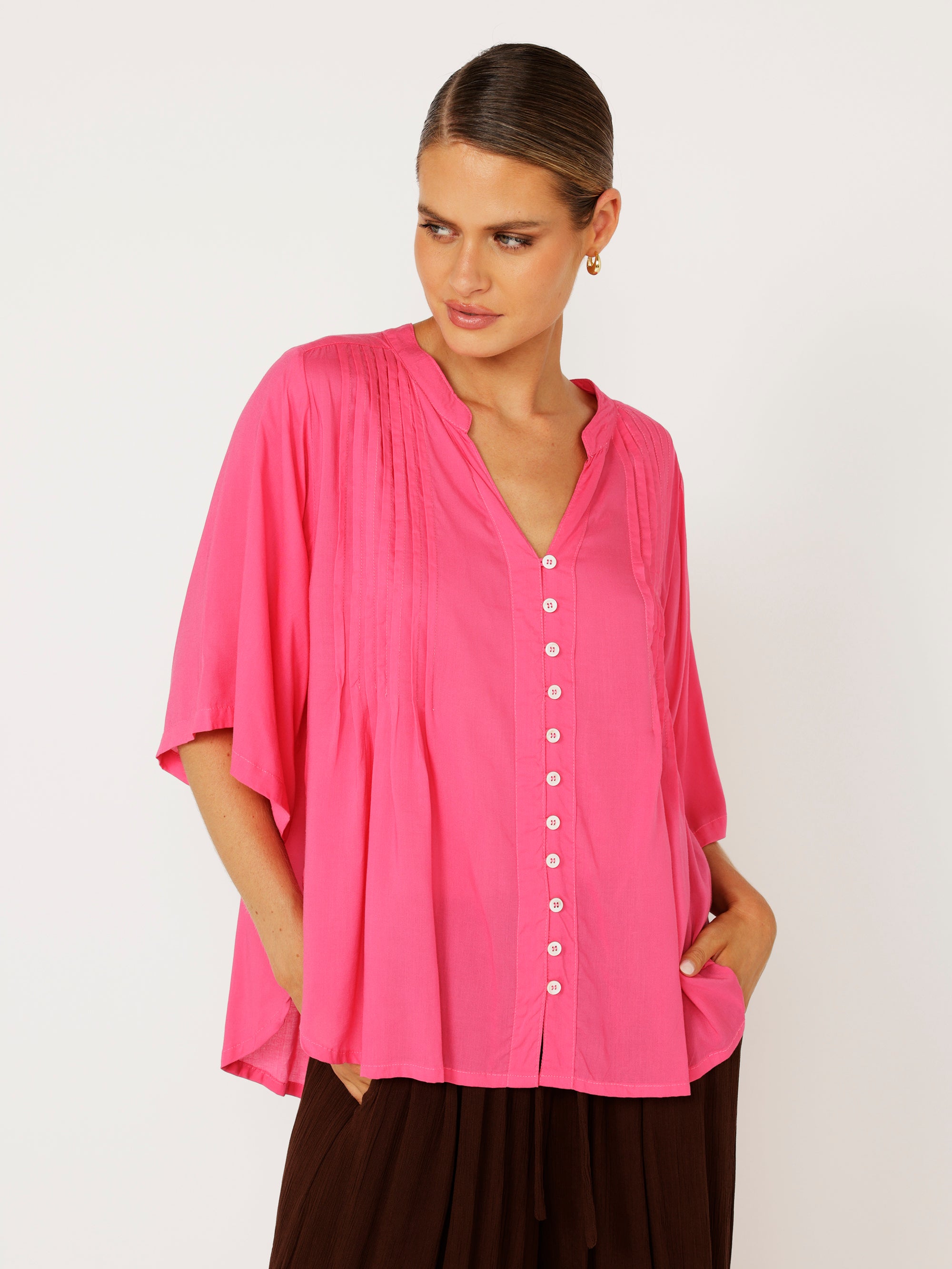 Amber Blouse with Pin Tucks | Hot Pink - Saffron Road