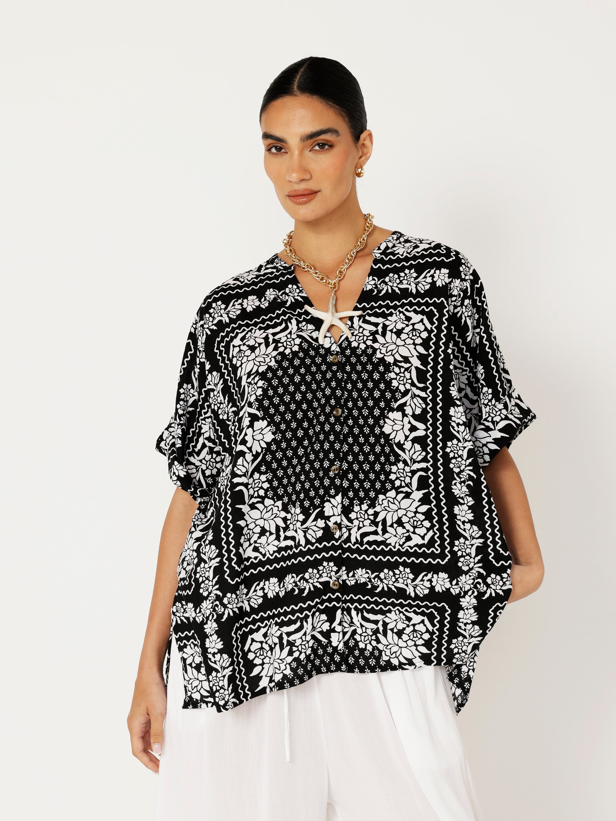 Madison Shirt | Black and White Heritage Floral - Saffron Road