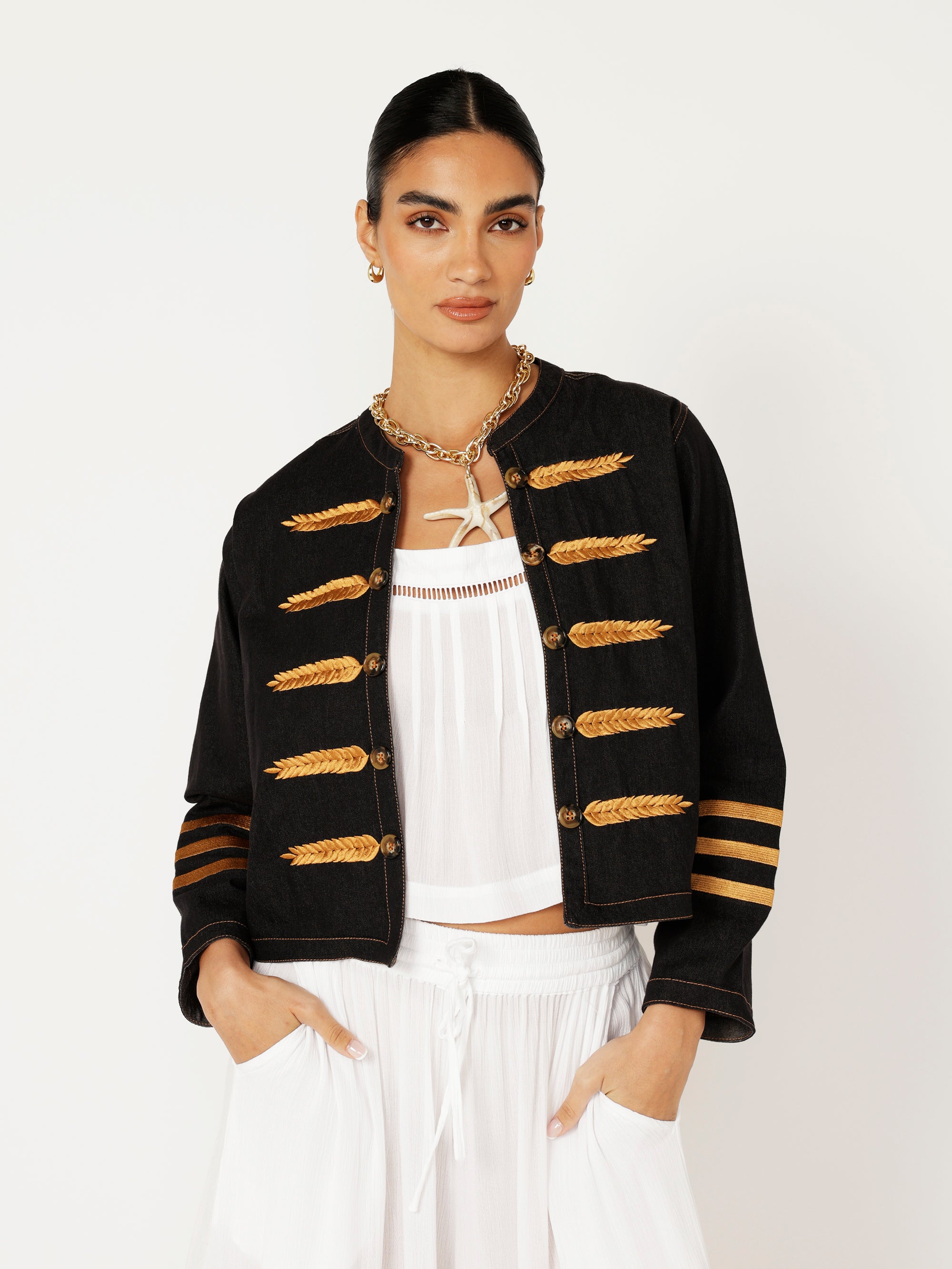 Sgt. Peppers Jacket | Black Denim with Embroidery - Saffron Road
