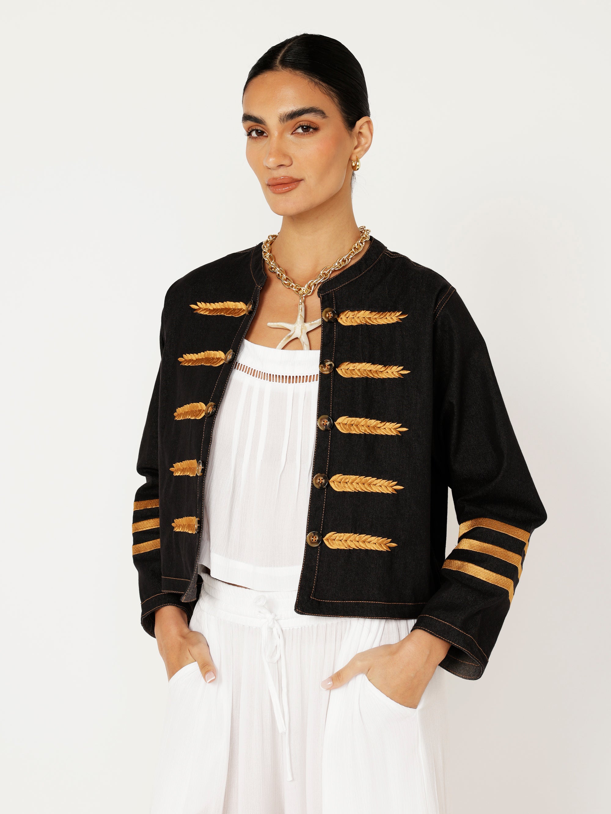 Sgt. Peppers Jacket | Black Denim with Embroidery - Saffron Road