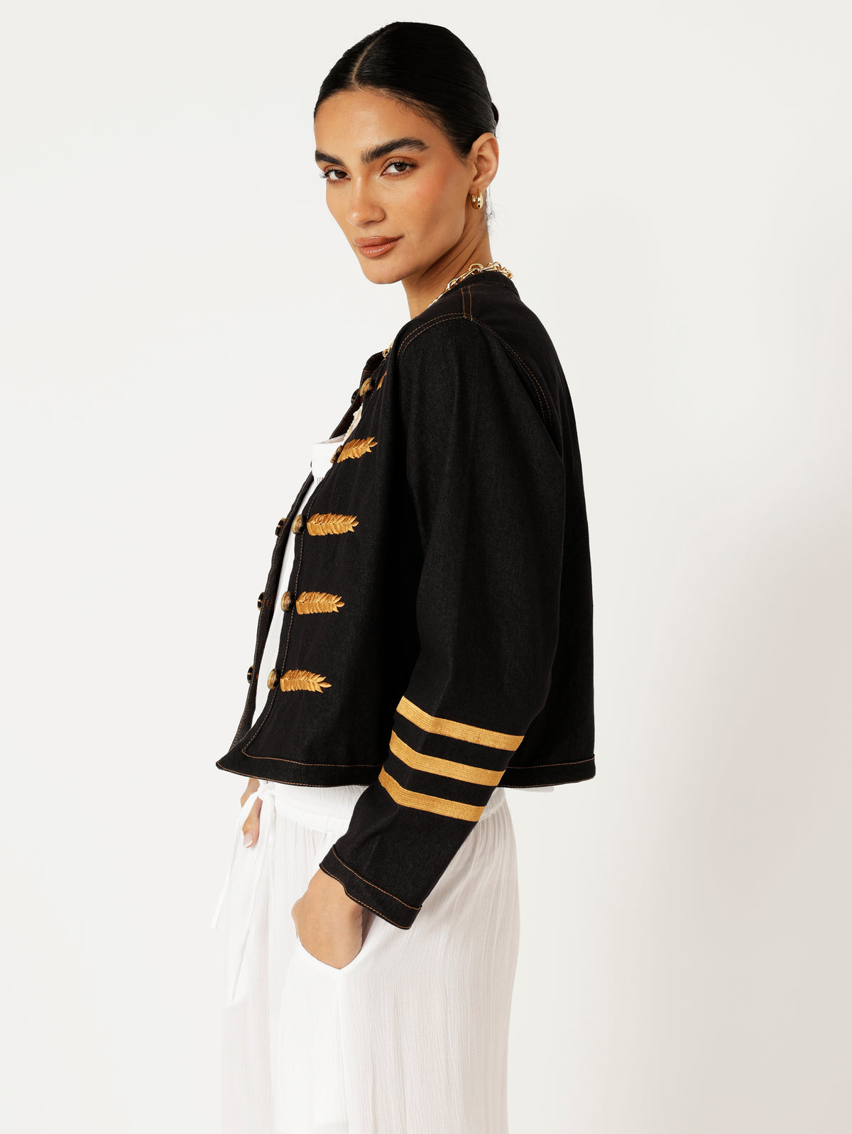 Sgt. Peppers Jacket | Black Denim with Embroidery - Saffron Road