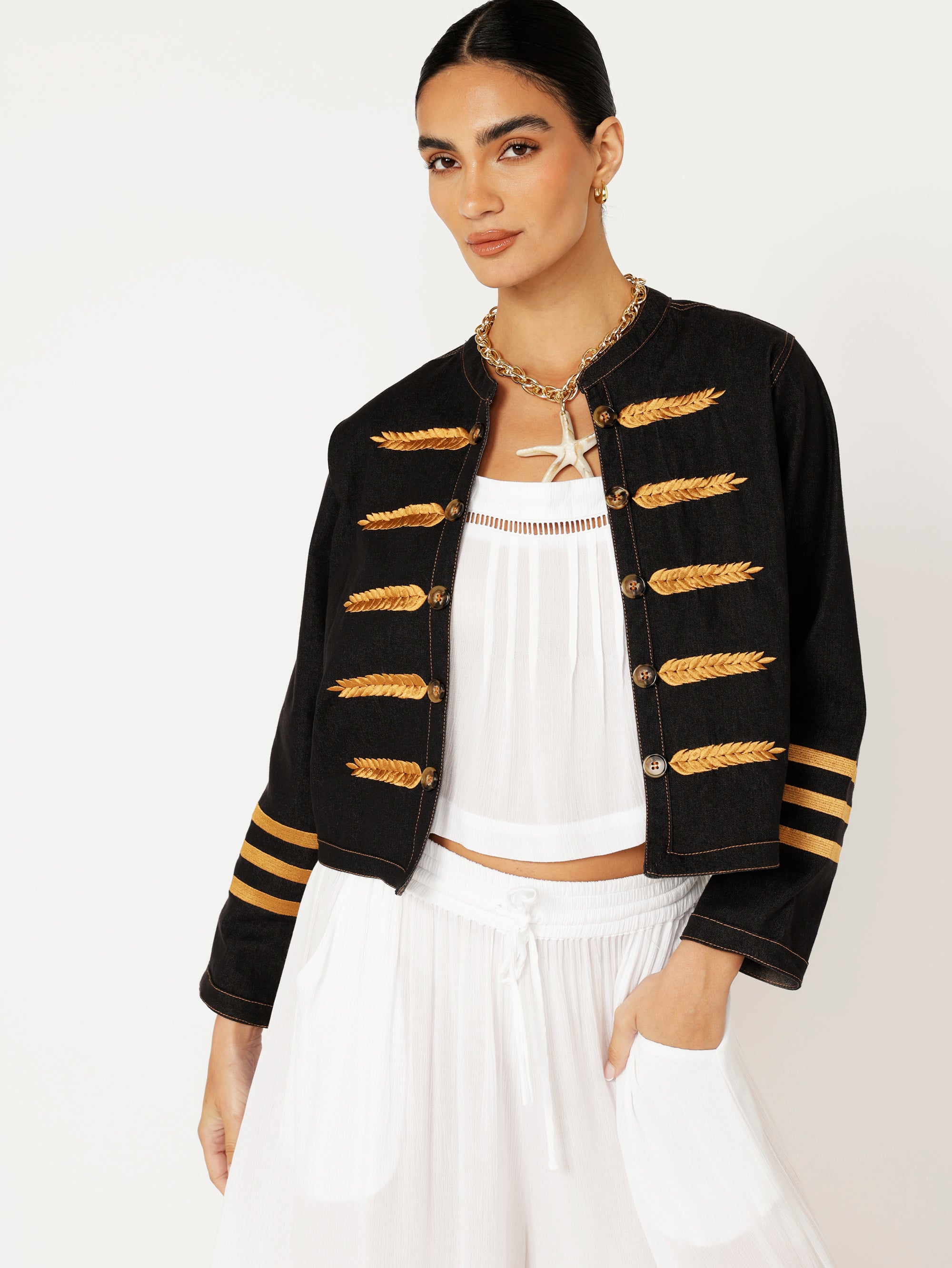 Sgt. Peppers Jacket | Black Denim with Embroidery - Saffron Road