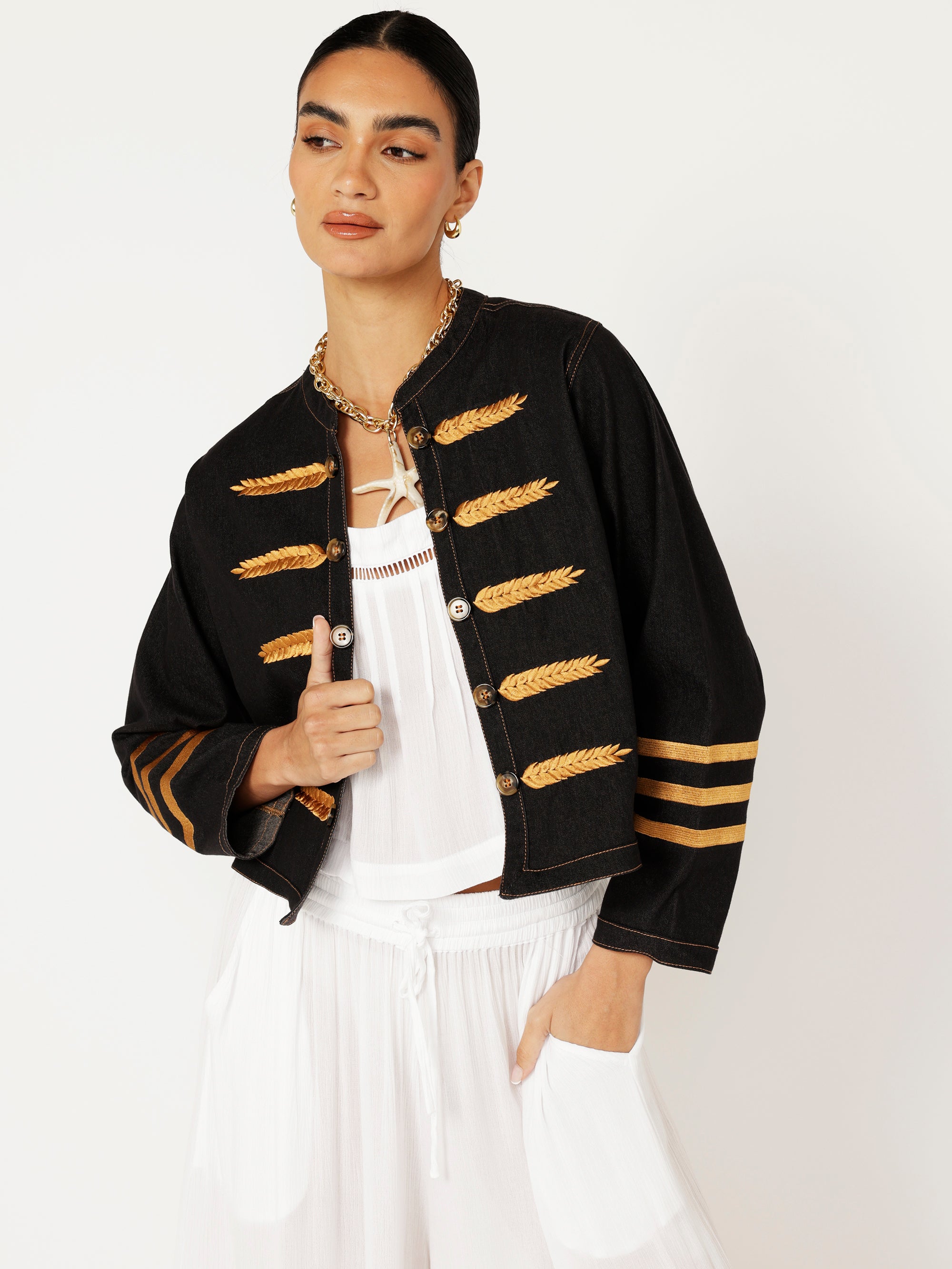 Sgt. Peppers Jacket | Black Denim with Embroidery - Saffron Road