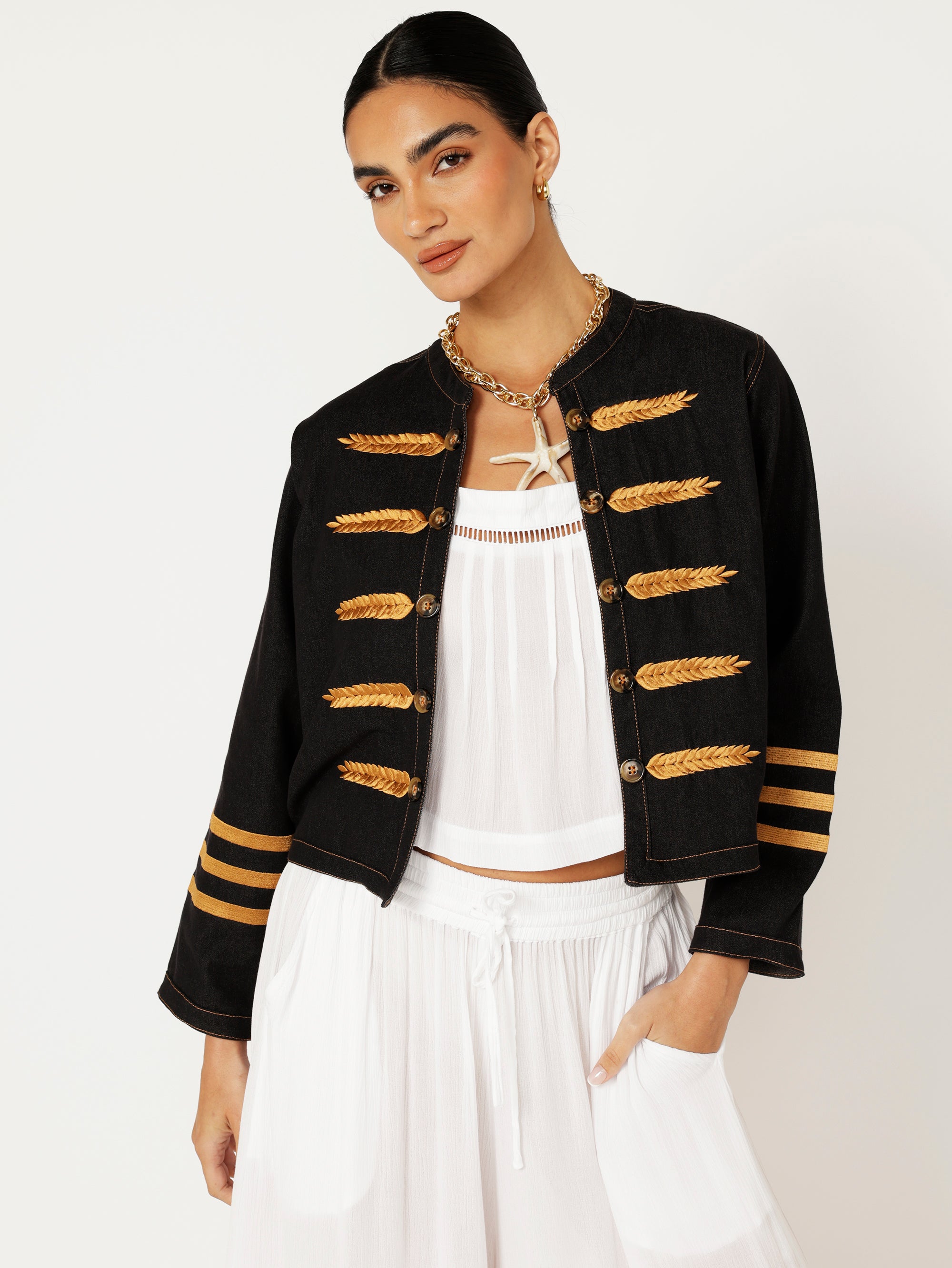 Sgt. Peppers Jacket | Black Denim with Embroidery - Saffron Road