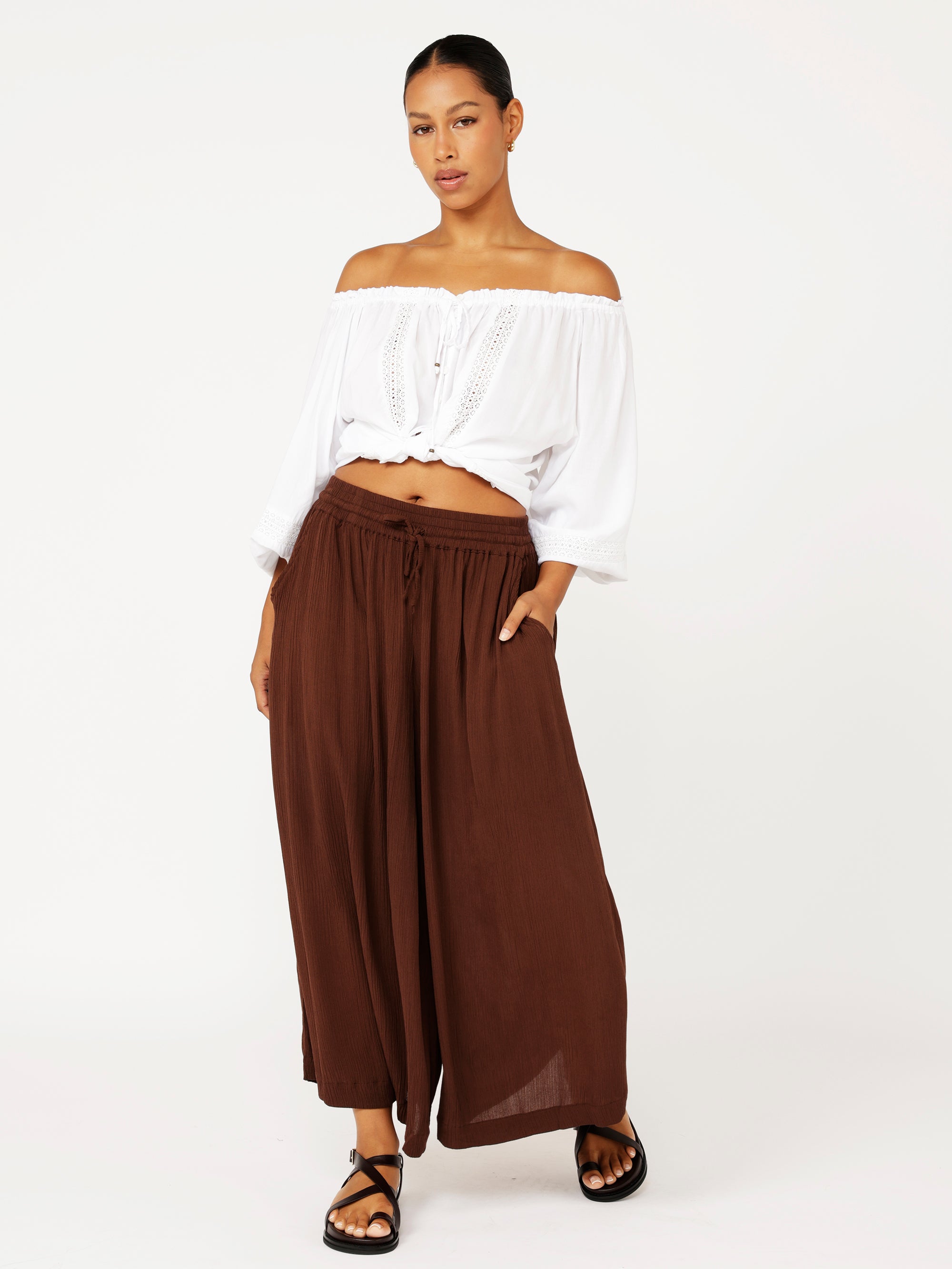 Palazzo Pant Crop | Cacao Crinkle - Saffron Road