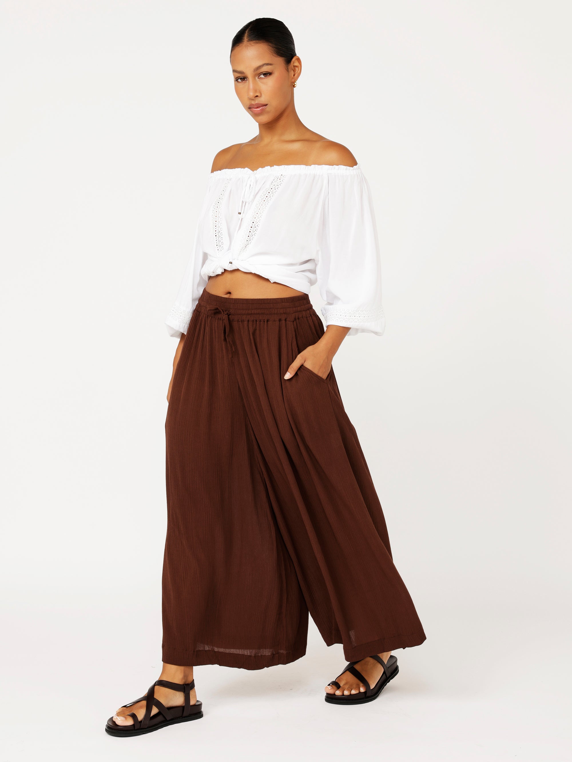 Palazzo Pant Crop | Cacao Crinkle - Saffron Road