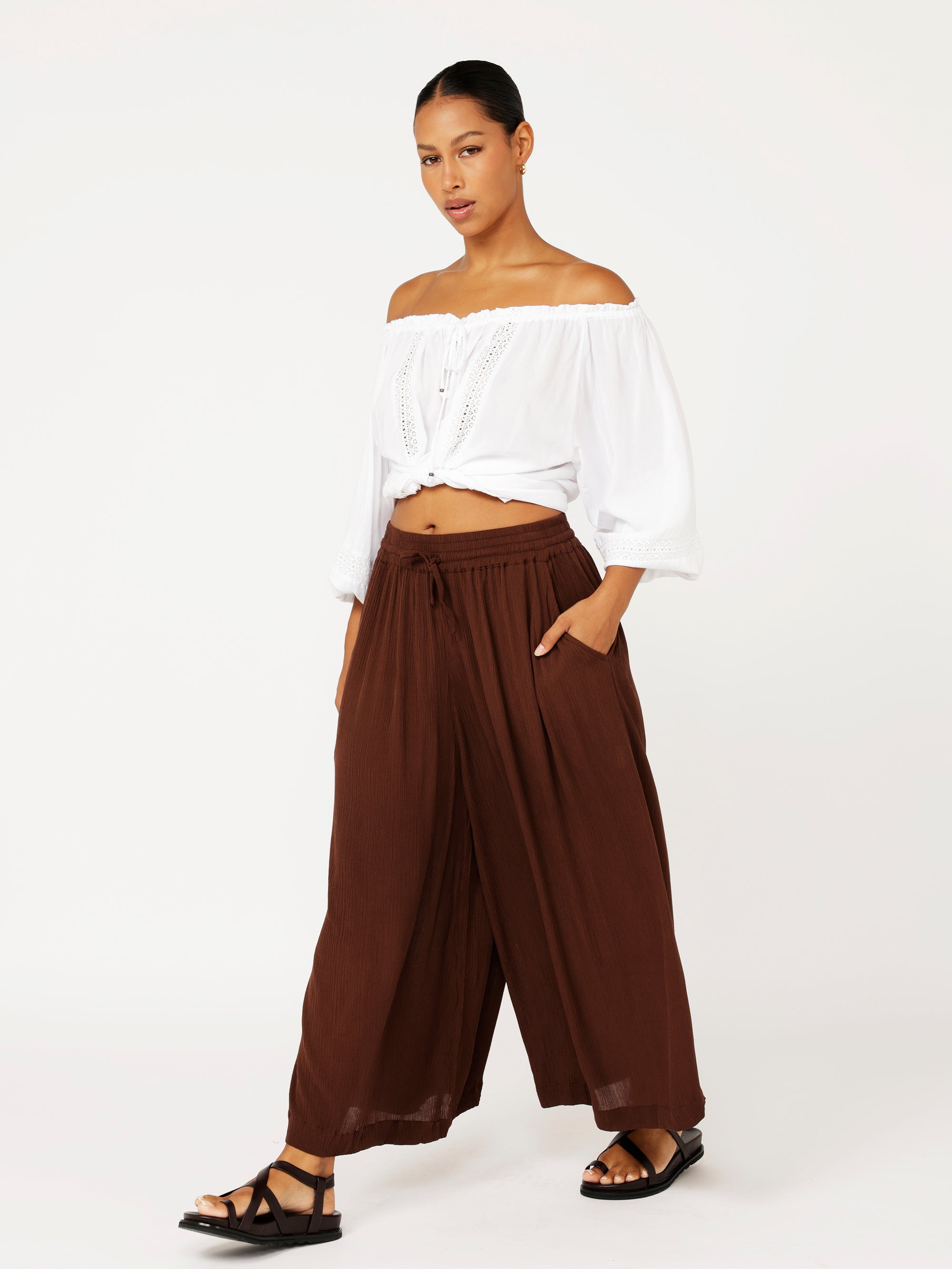 Palazzo Pant Crop | Cacao Crinkle - Saffron Road