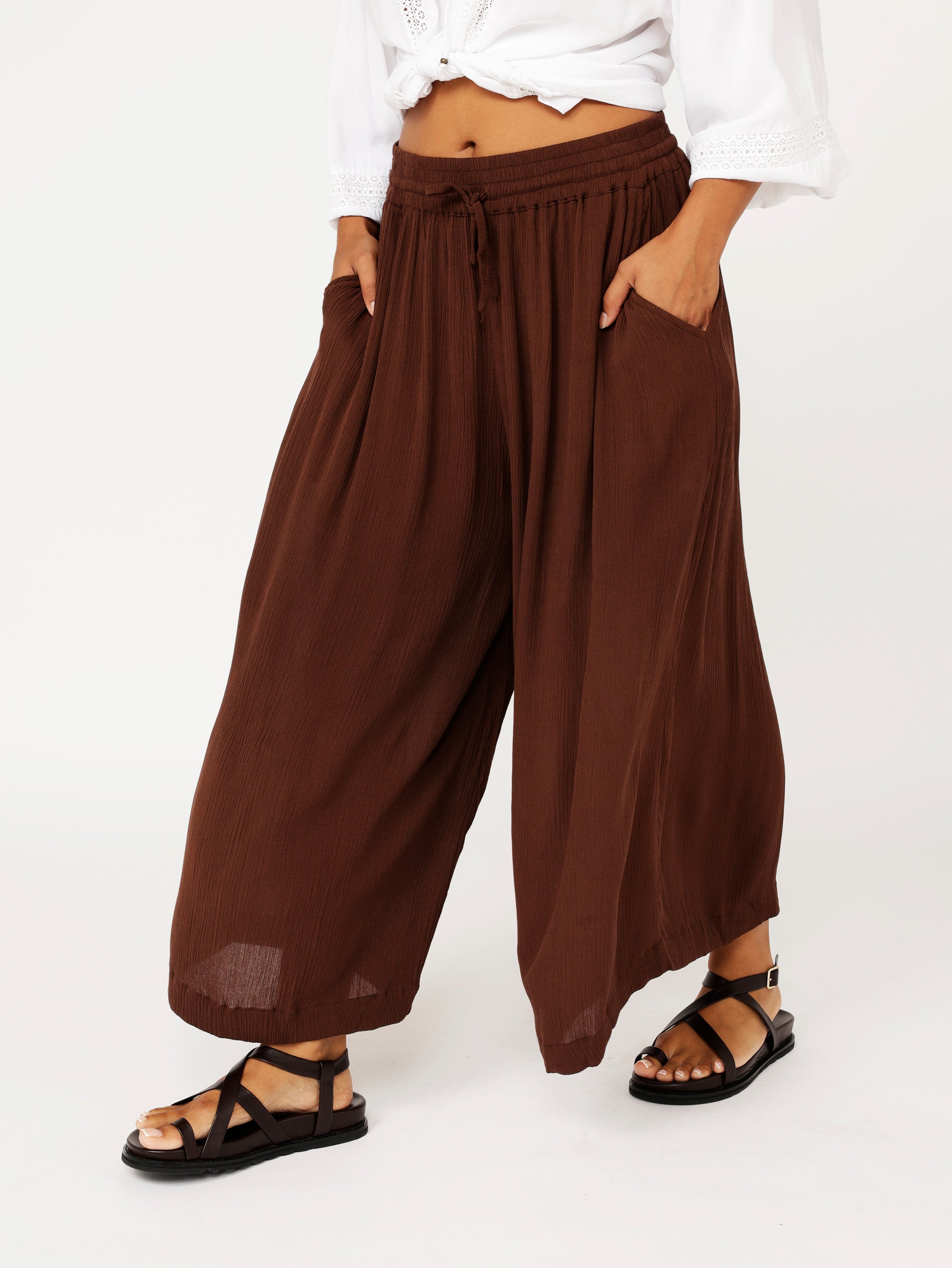 Palazzo Pant Crop | Cacao Crinkle - Saffron Road