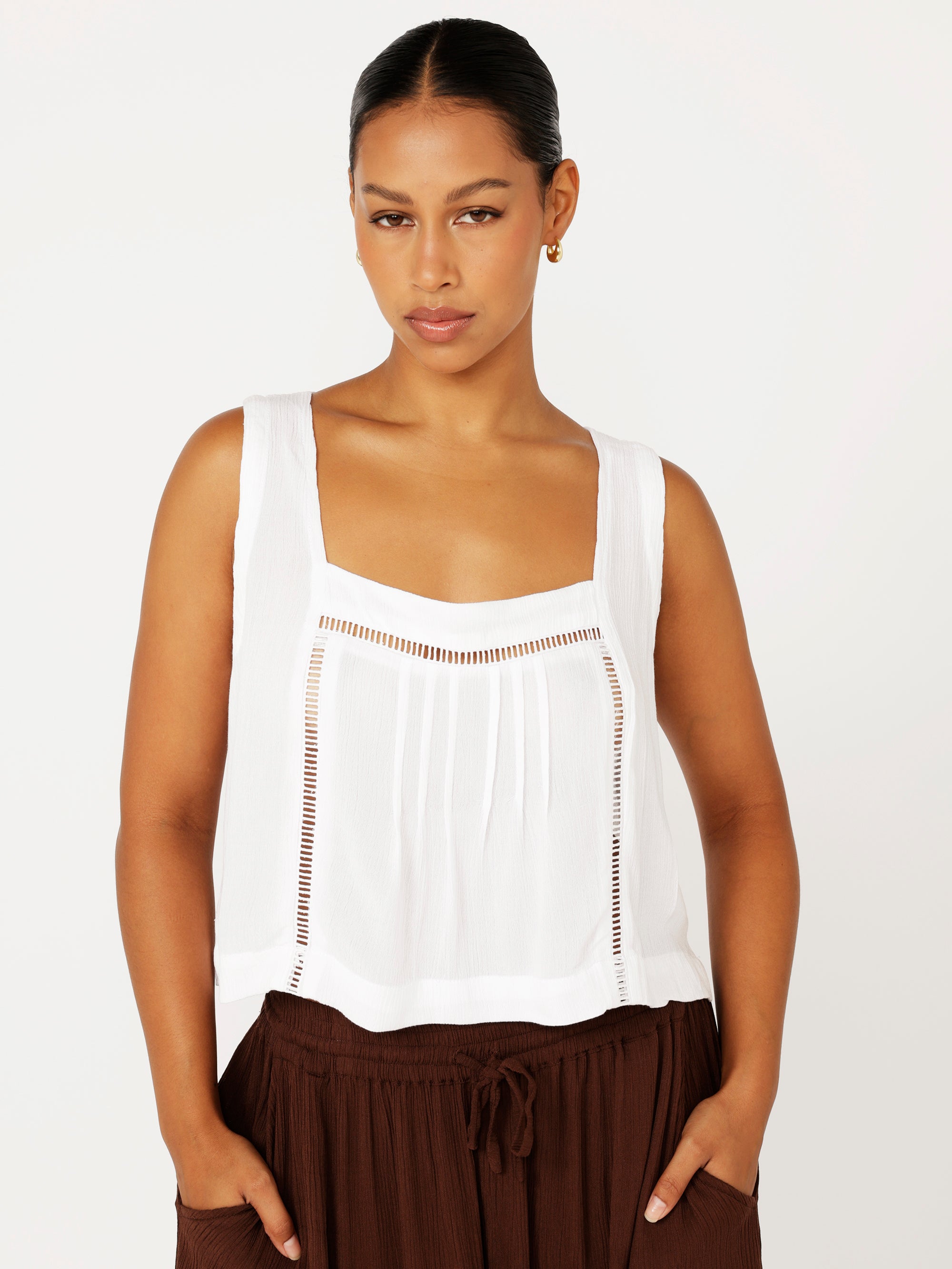 Lotus Tank | White Crinkle with Lace - Saffron Road