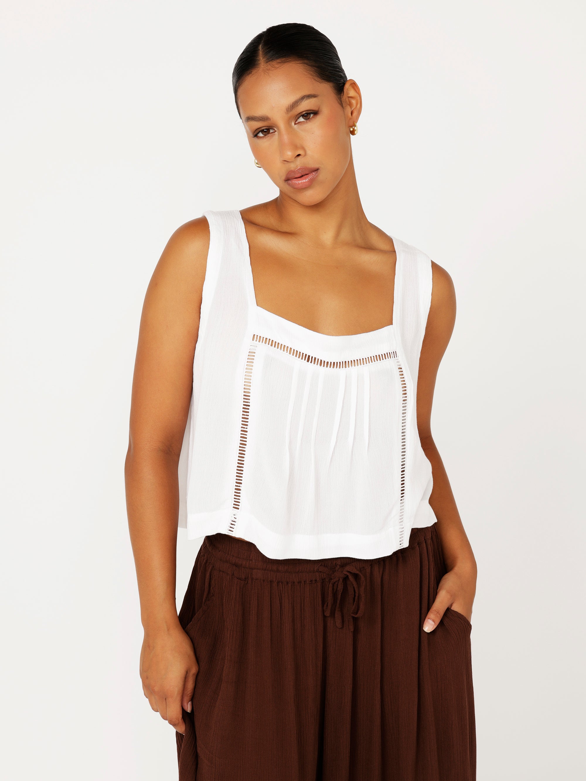 Lotus Tank | White Crinkle with Lace - Saffron Road
