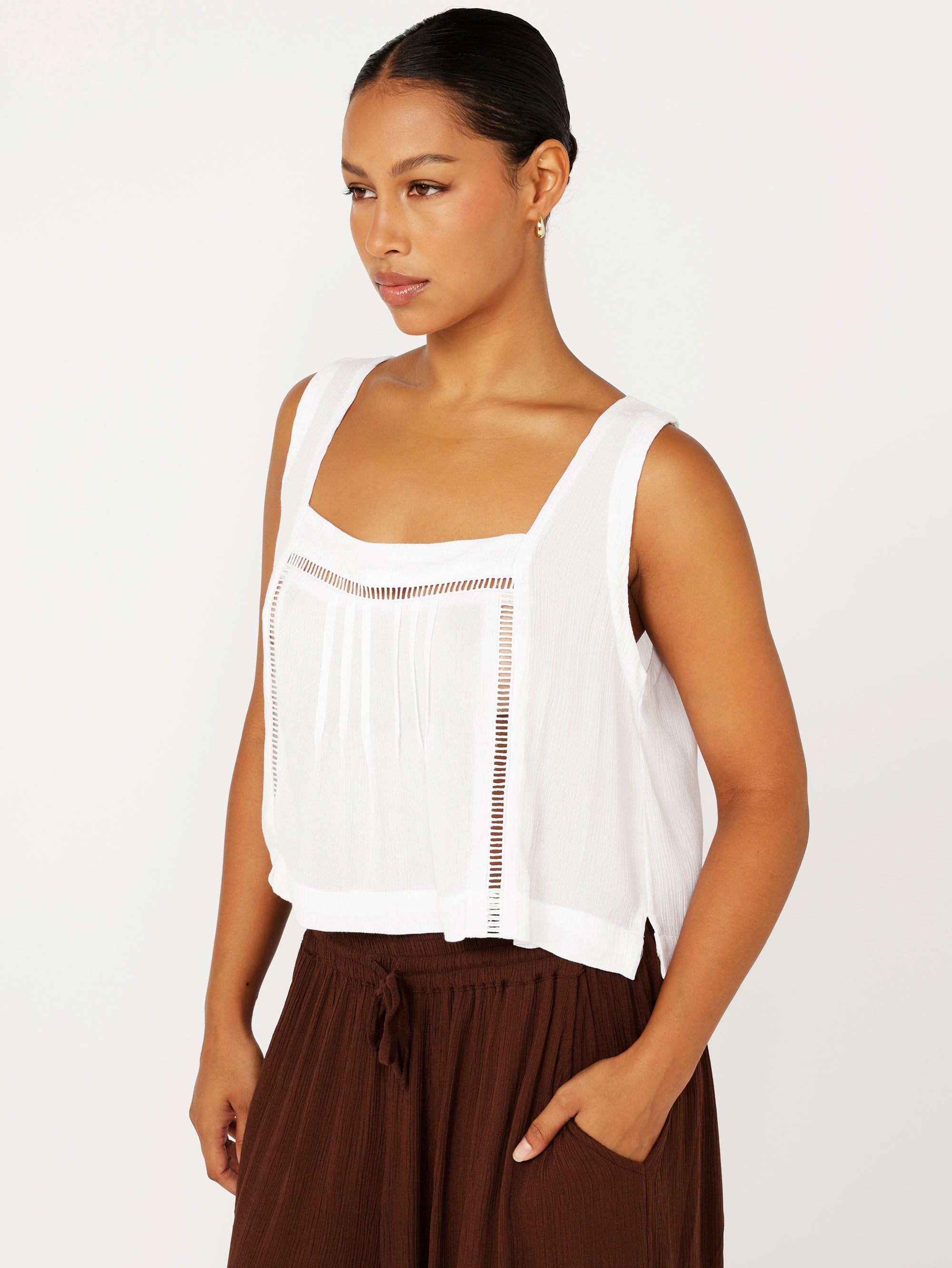 Lotus Tank | White Crinkle with Lace - Saffron Road