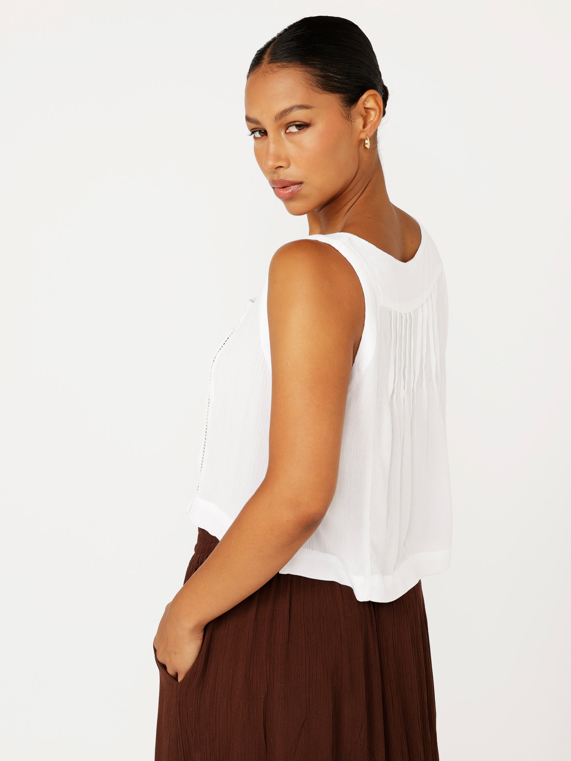 Lotus Tank | White Crinkle with Lace - Saffron Road