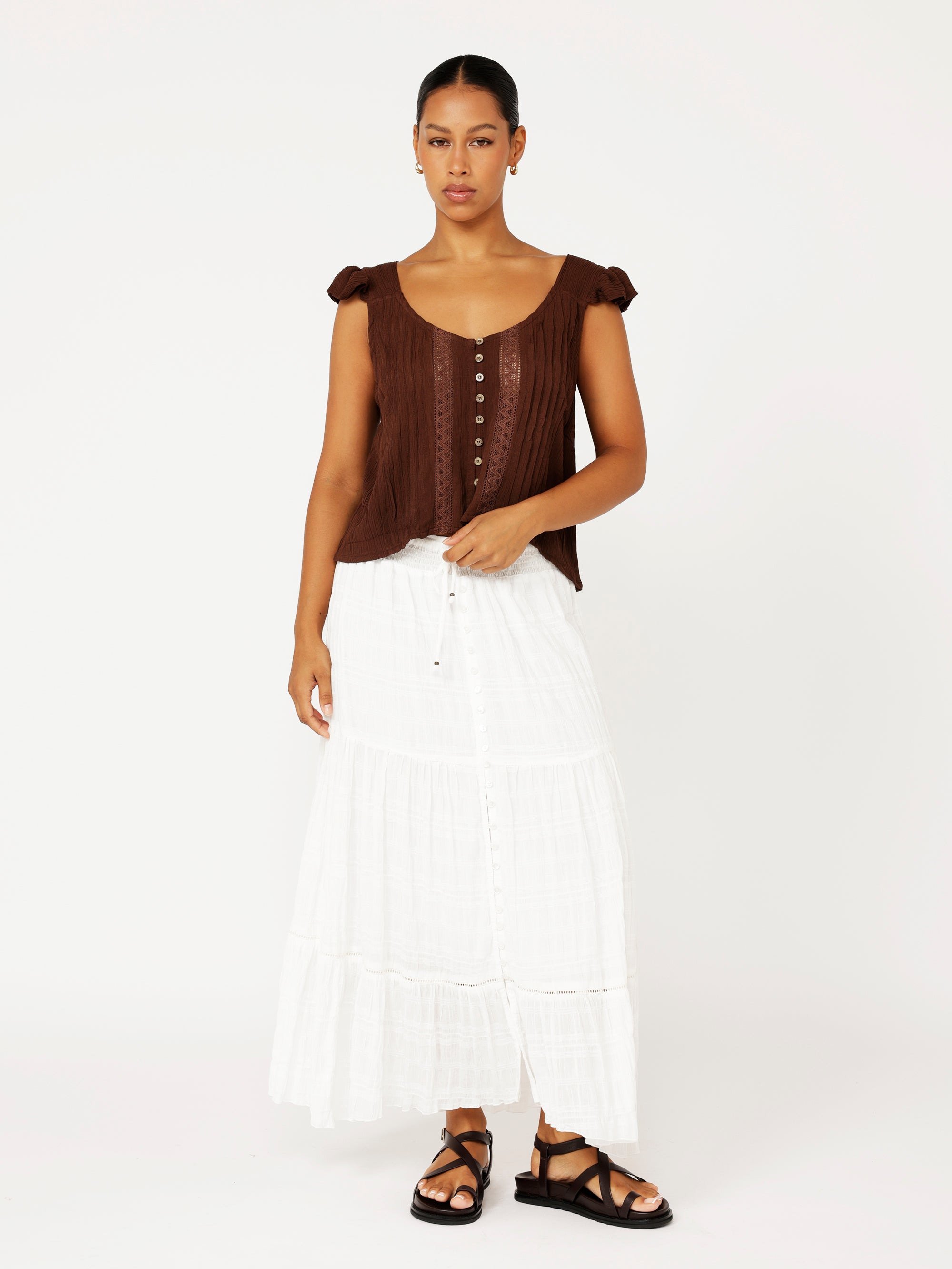 Santorini Singlet With Frill | Cacao Crinkle With Lace