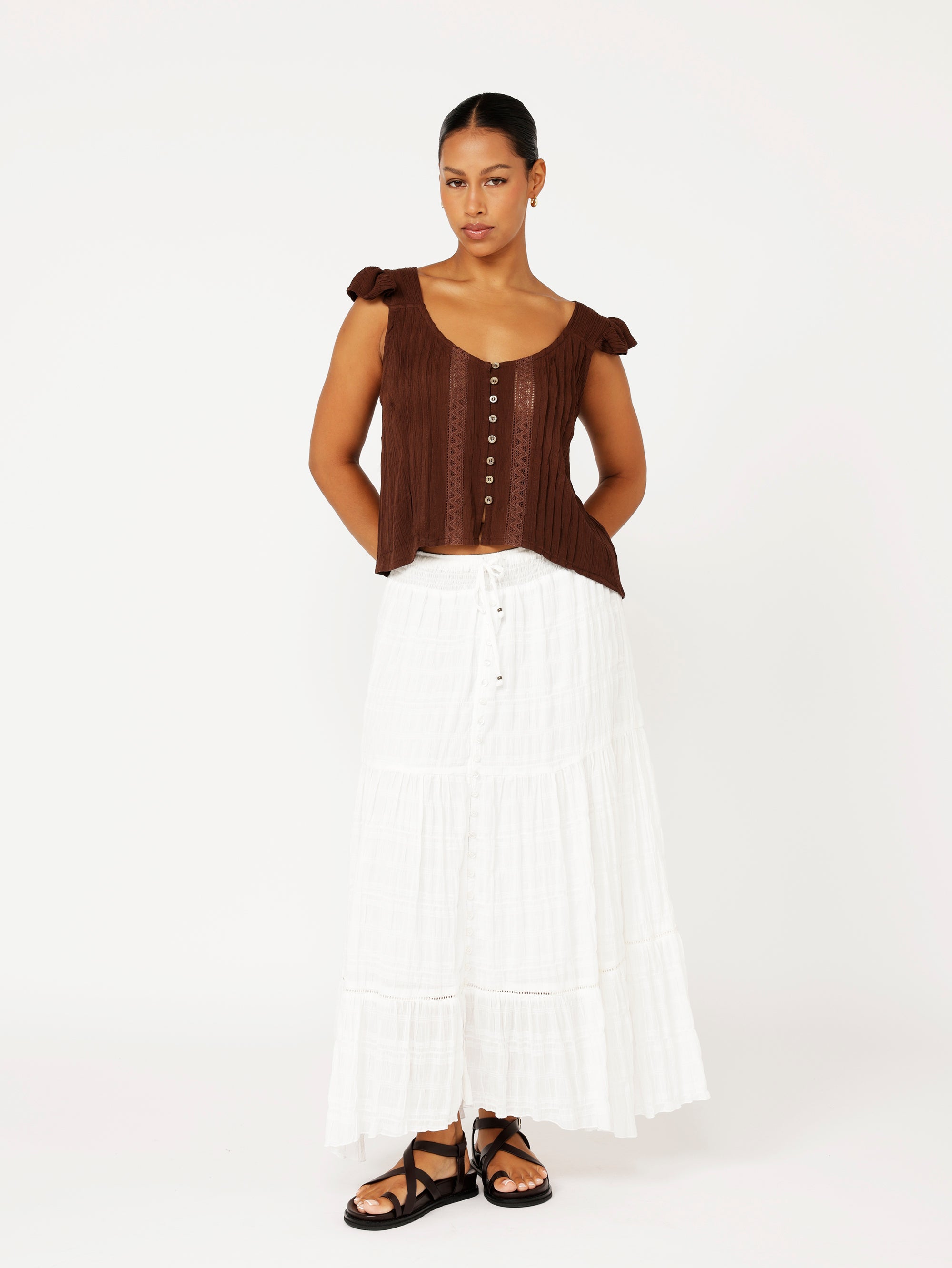 Santorini Singlet With Frill | Cacao Crinkle With Lace