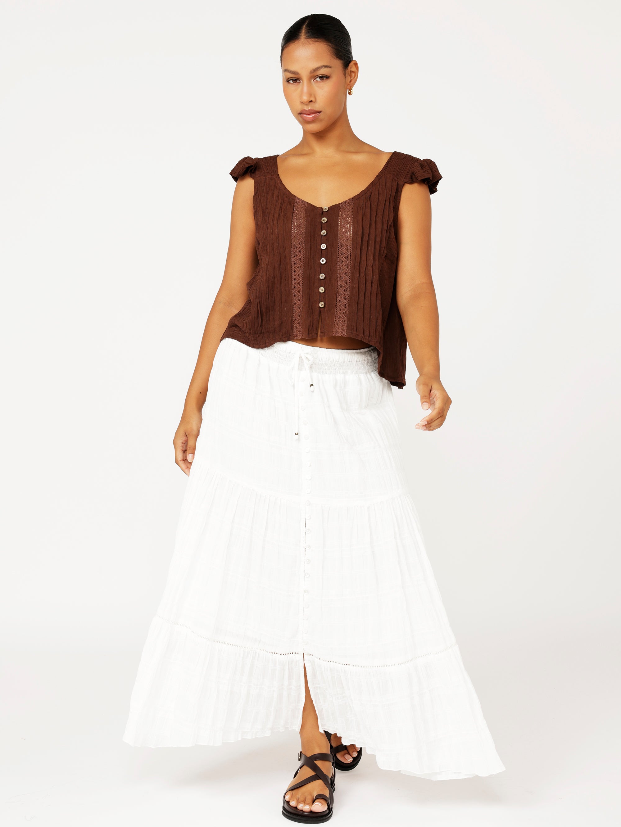 Santorini Singlet With Frill | Cacao Crinkle With Lace