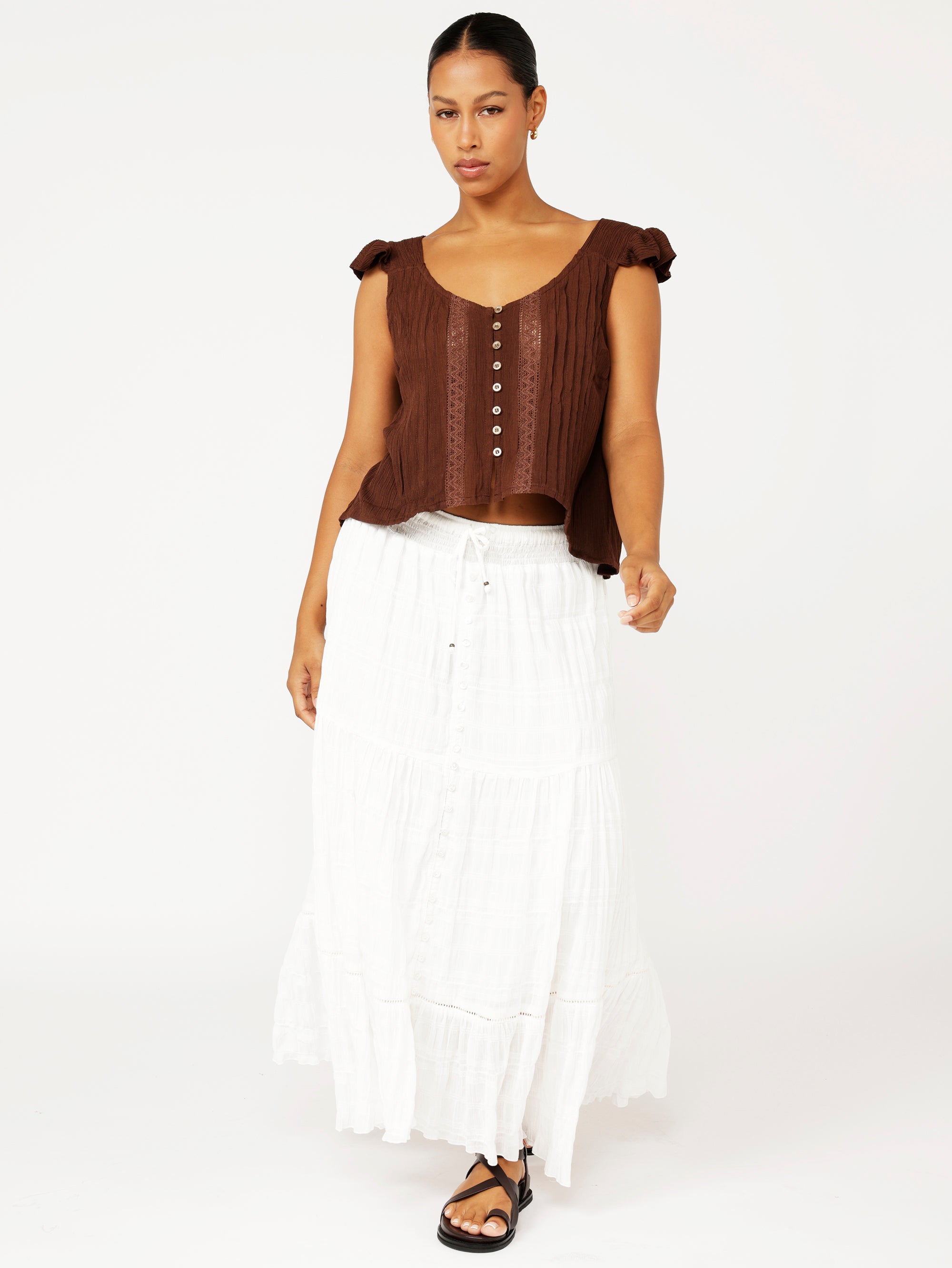 Santorini Singlet With Frill | Cacao Crinkle With Lace