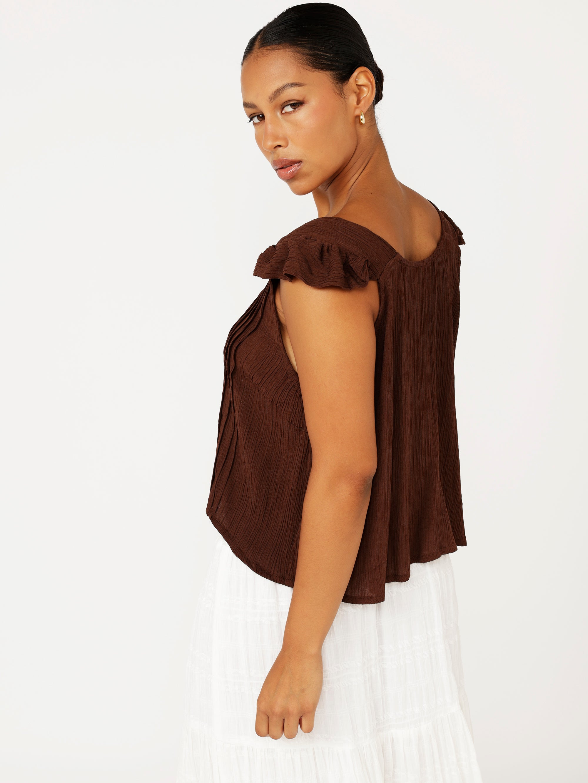 Santorini Singlet With Frill | Cacao Crinkle With Lace