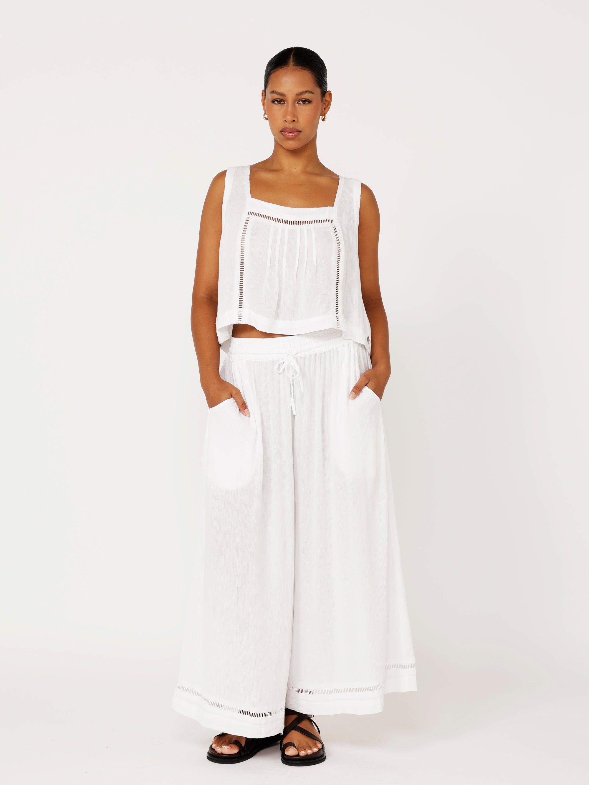 Palazzo Pant Crop | White Crinkle with lace - Saffron Road
