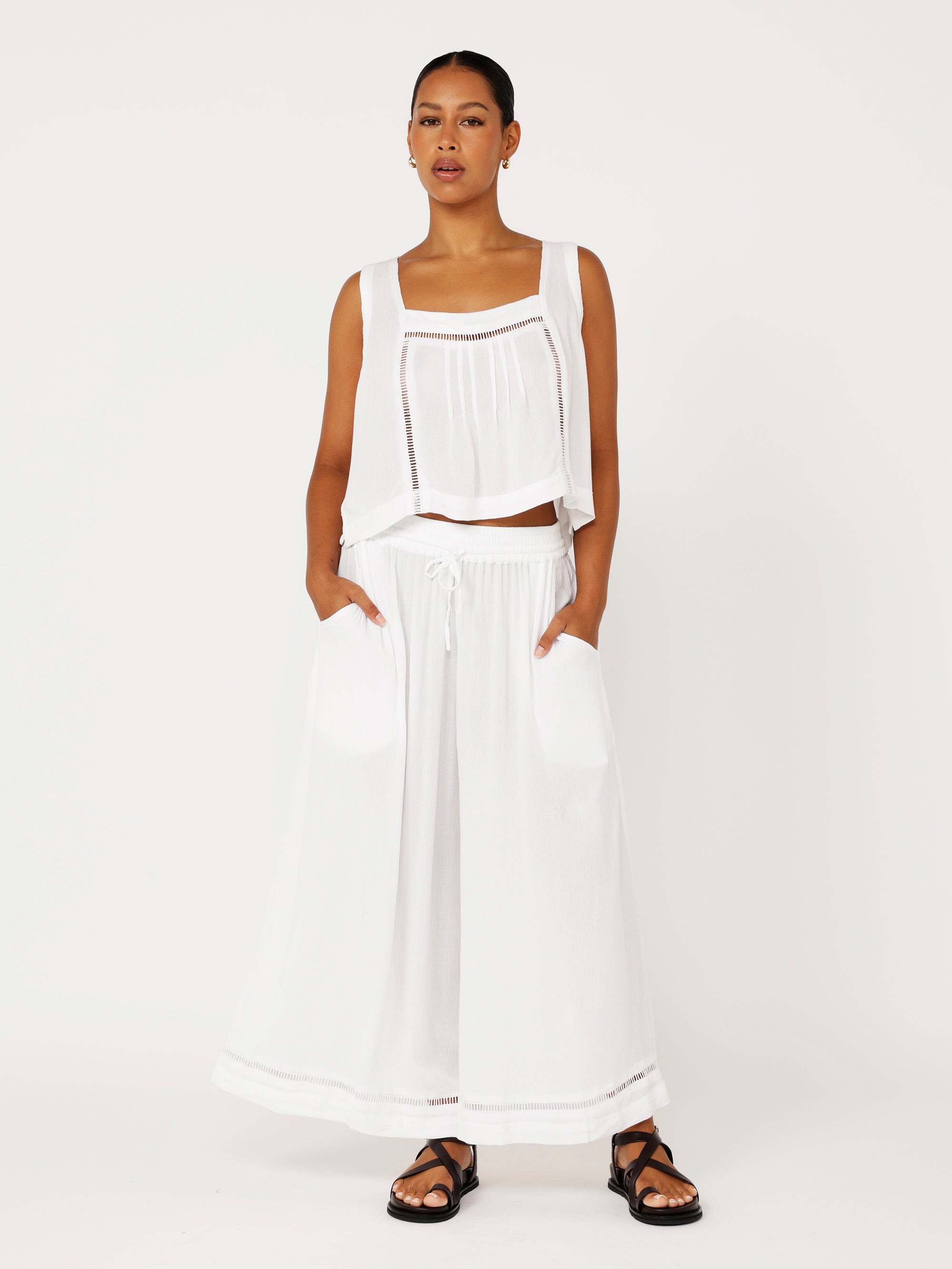 Palazzo Pant Crop | White Crinkle with lace - Saffron Road
