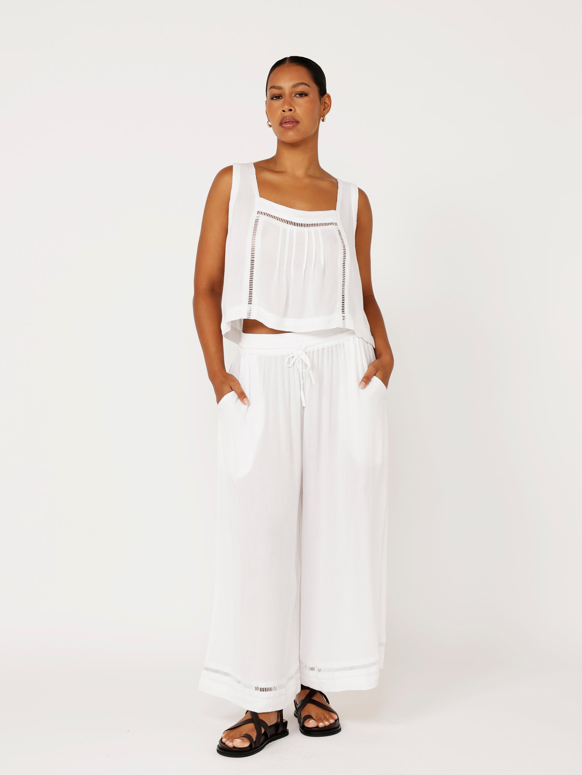 Palazzo Pant Crop | White Crinkle with lace - Saffron Road