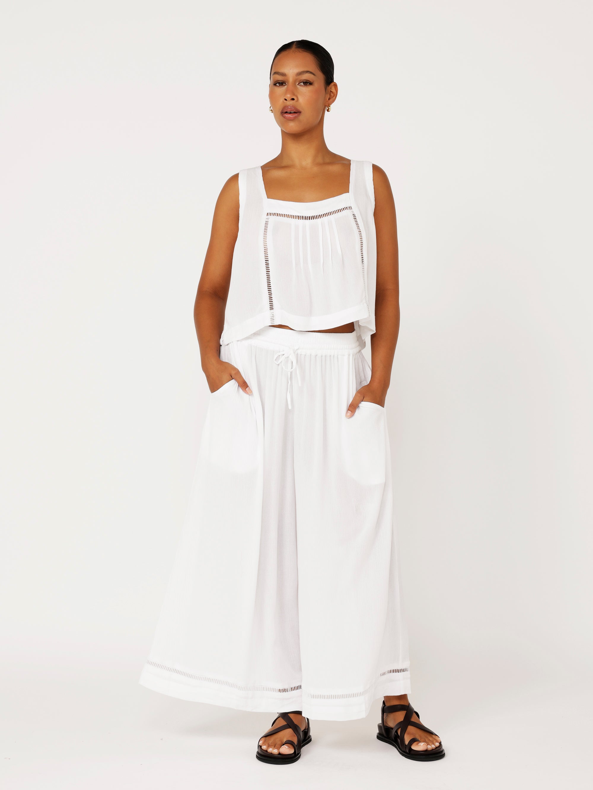 Palazzo Pant Crop | White Crinkle with lace - Saffron Road
