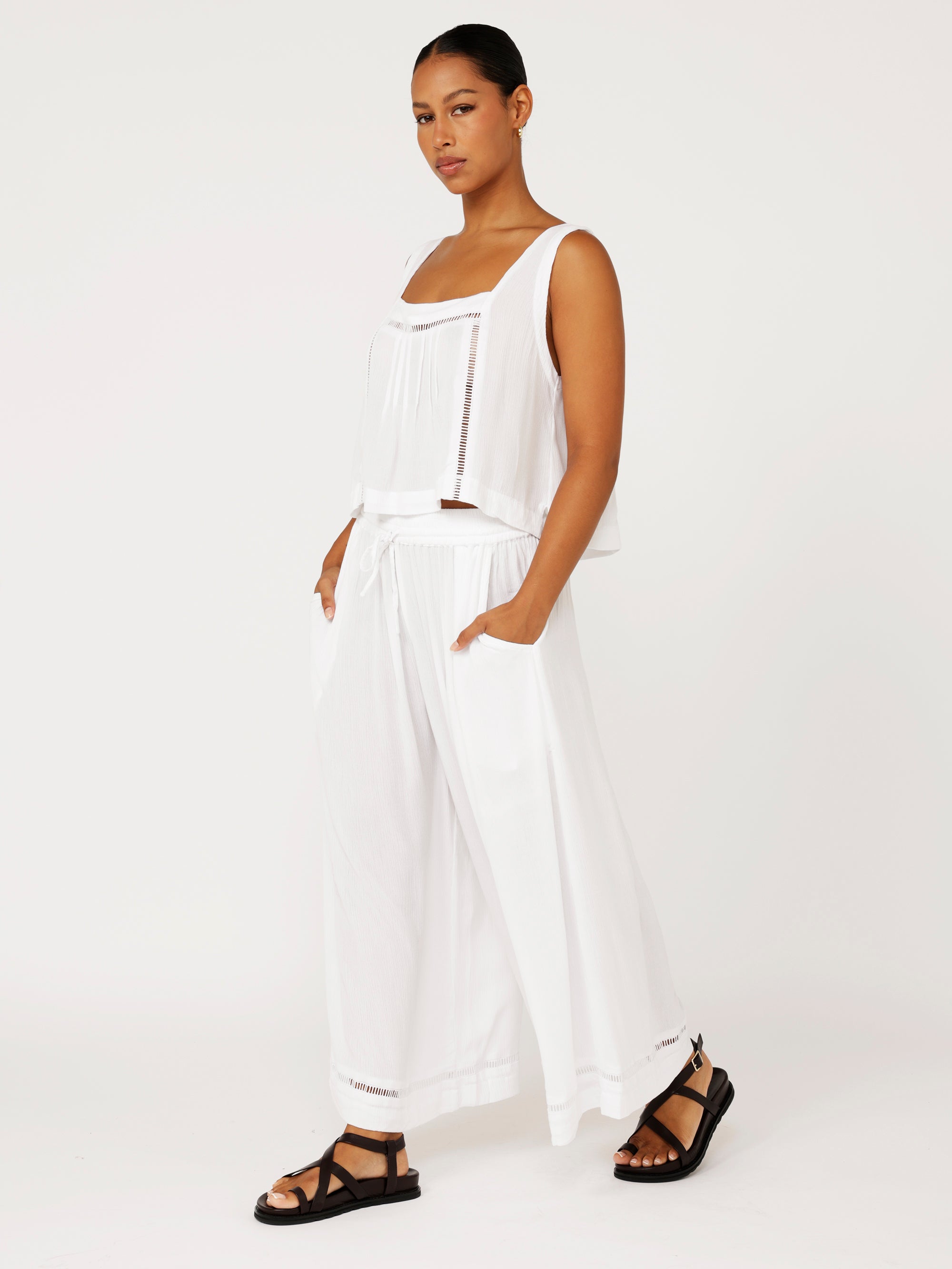 Palazzo Pant with Lace | CROPPED | White Crinkle - Saffron Road