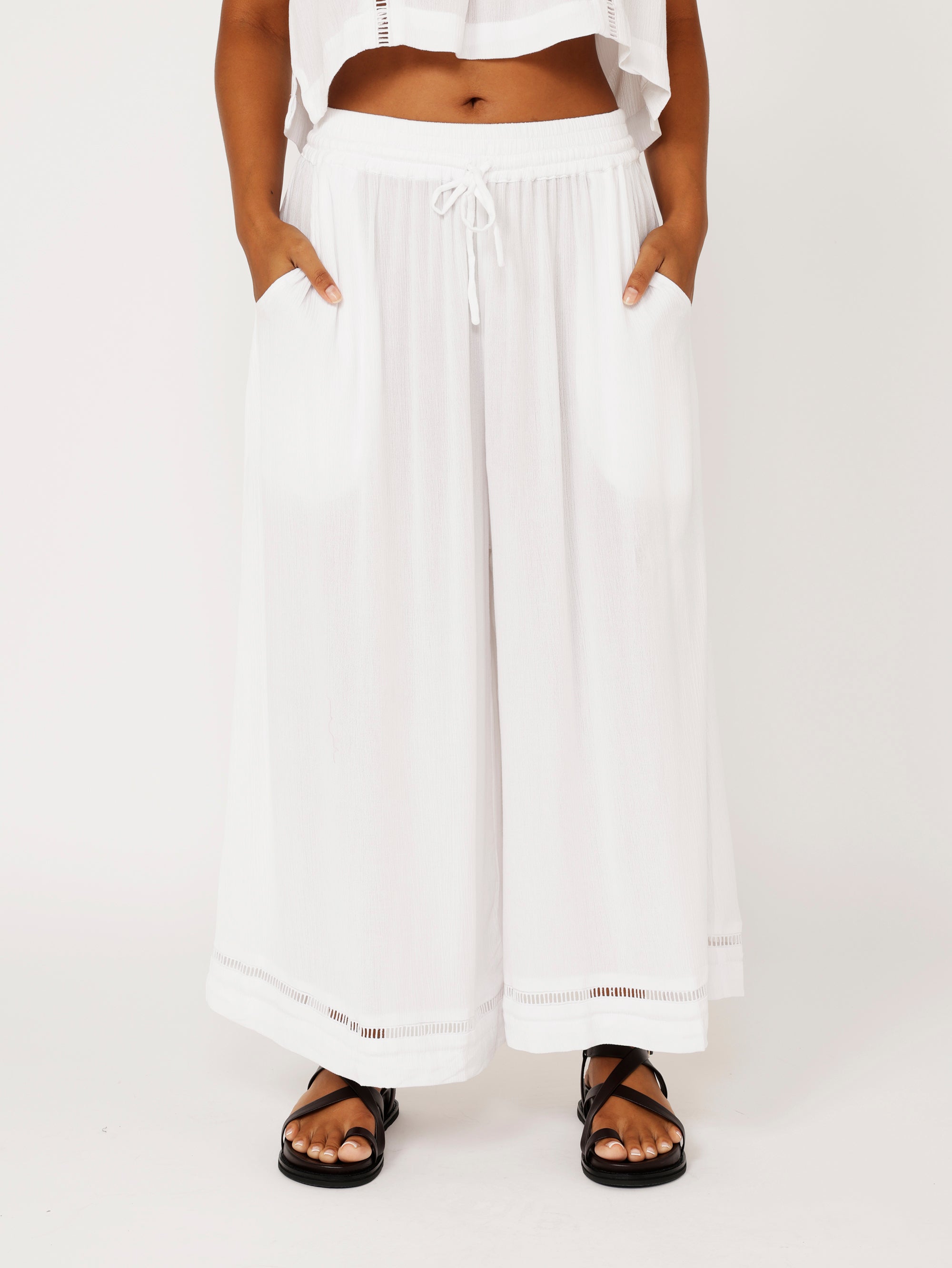 Palazzo Pant Crop | White Crinkle with lace - Saffron Road