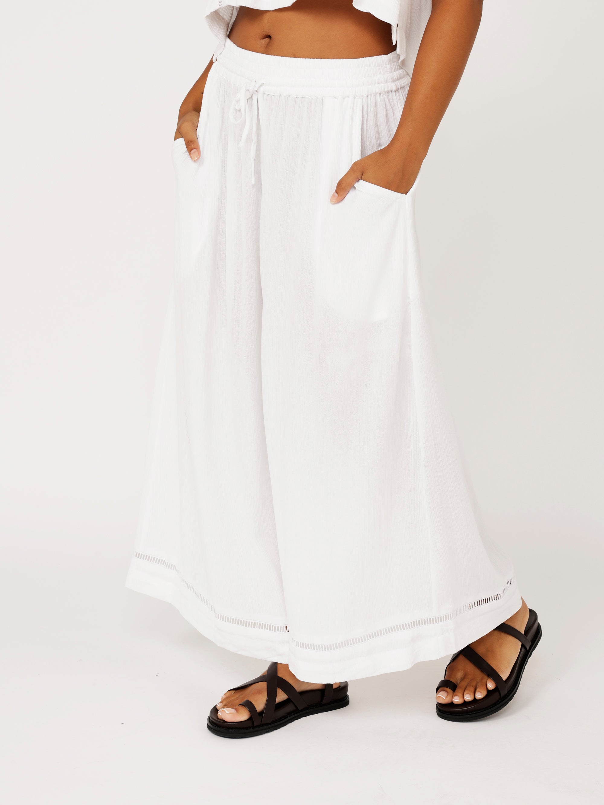 Palazzo Pant Crop | White Crinkle with lace - Saffron Road