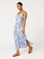 Model wearing the Lost City Slip Dress in blue Toile de Jouy rayon print.