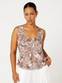 Close-up of Scoop Neck Top neckline and print detail in Lost City Brown Toile de Jouy
