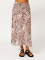 Close-up of Violet Skirt waistband showing elastic and drawstring detail in chocolate Toile de Jouy rayon fabric
