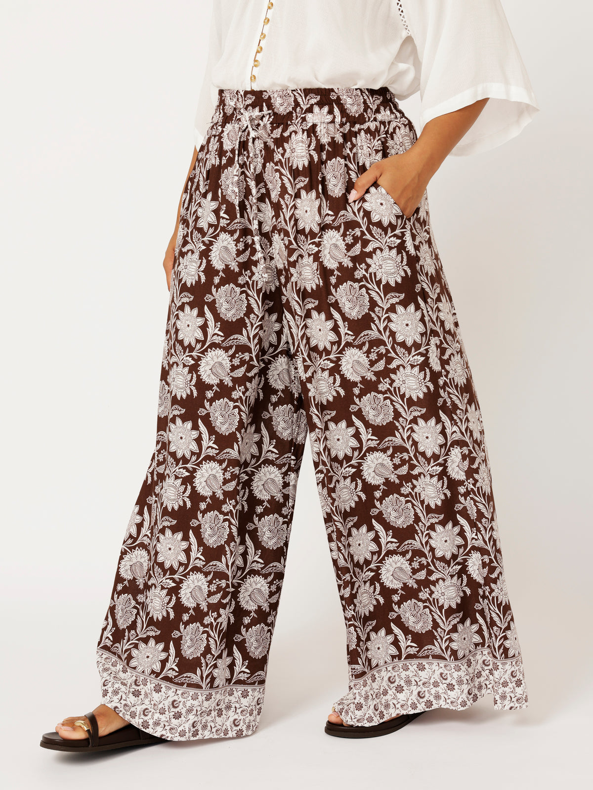 Palazzo Pant | Chocolate Indian Flower - Saffron Road
