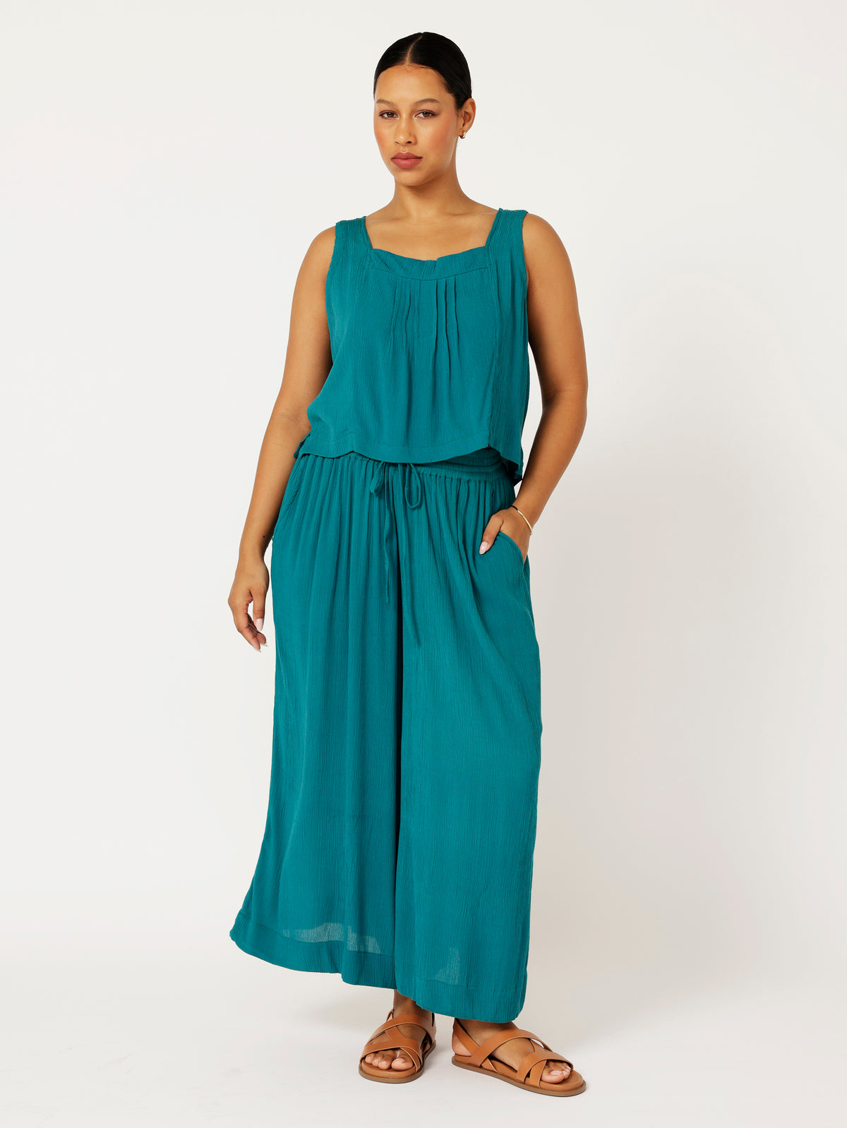 Palazzo Pant | CROPPED | Teal Crinkle - Saffron Road
