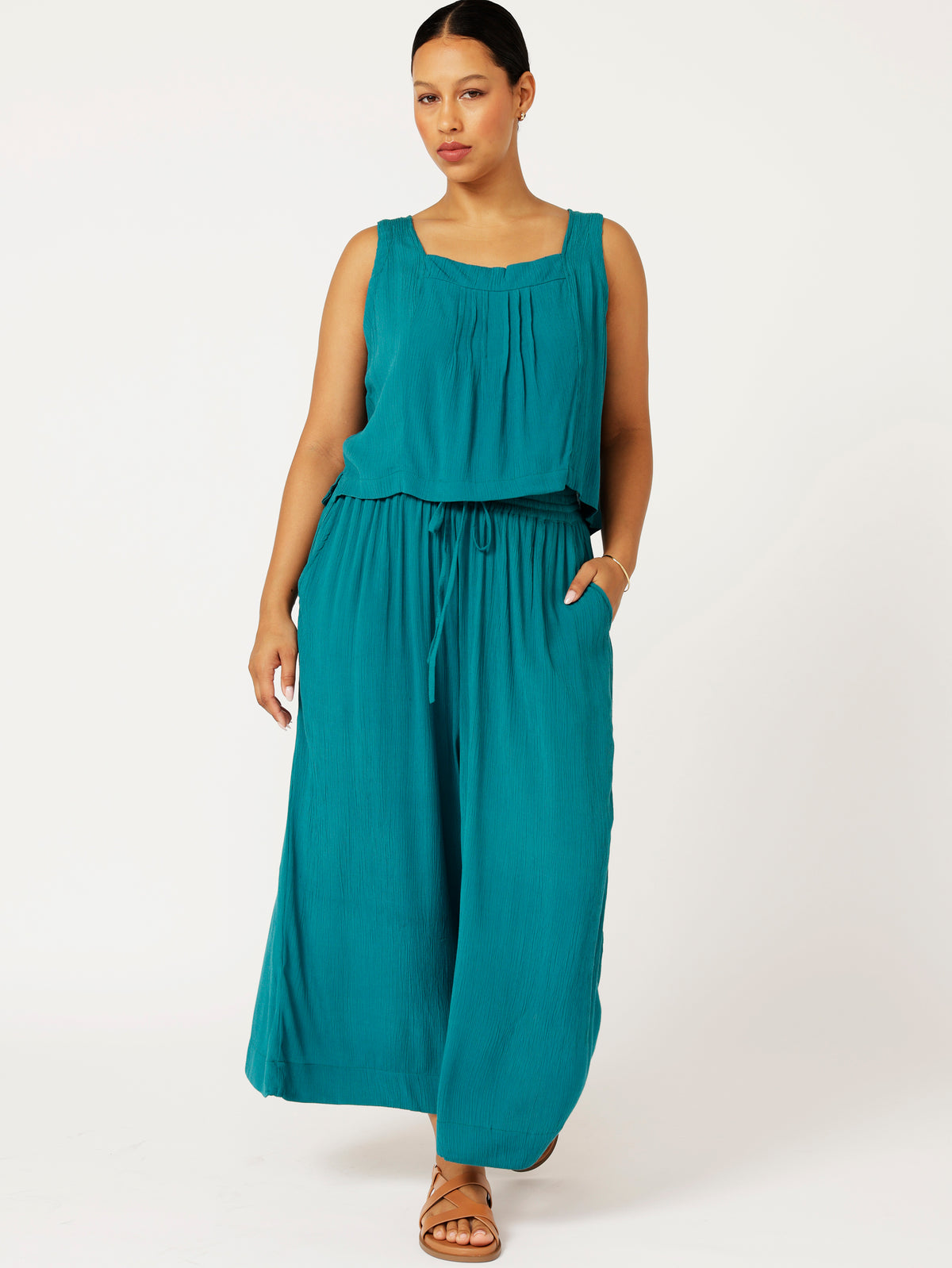 Palazzo Pant | CROPPED | Teal Crinkle - Saffron Road