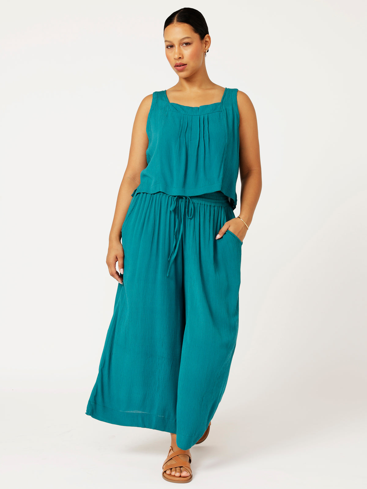 Palazzo Pant | CROPPED | Teal Crinkle - Saffron Road