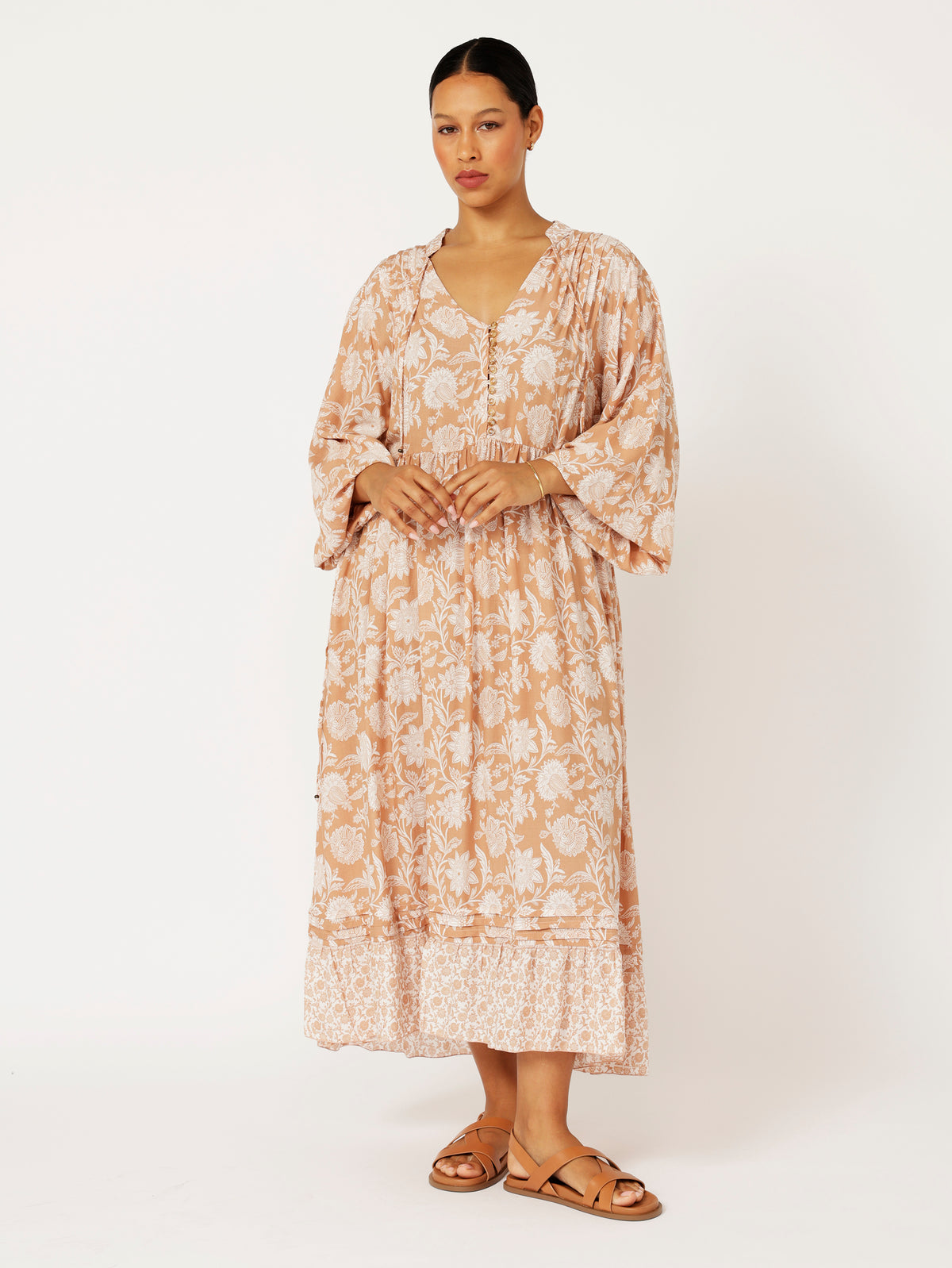 Juliette Dress | MIDI | Beige Flower - Saffron Road