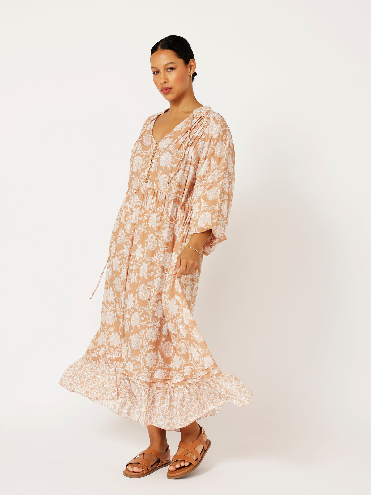 Juliette Dress | MIDI | Beige Flower - Saffron Road