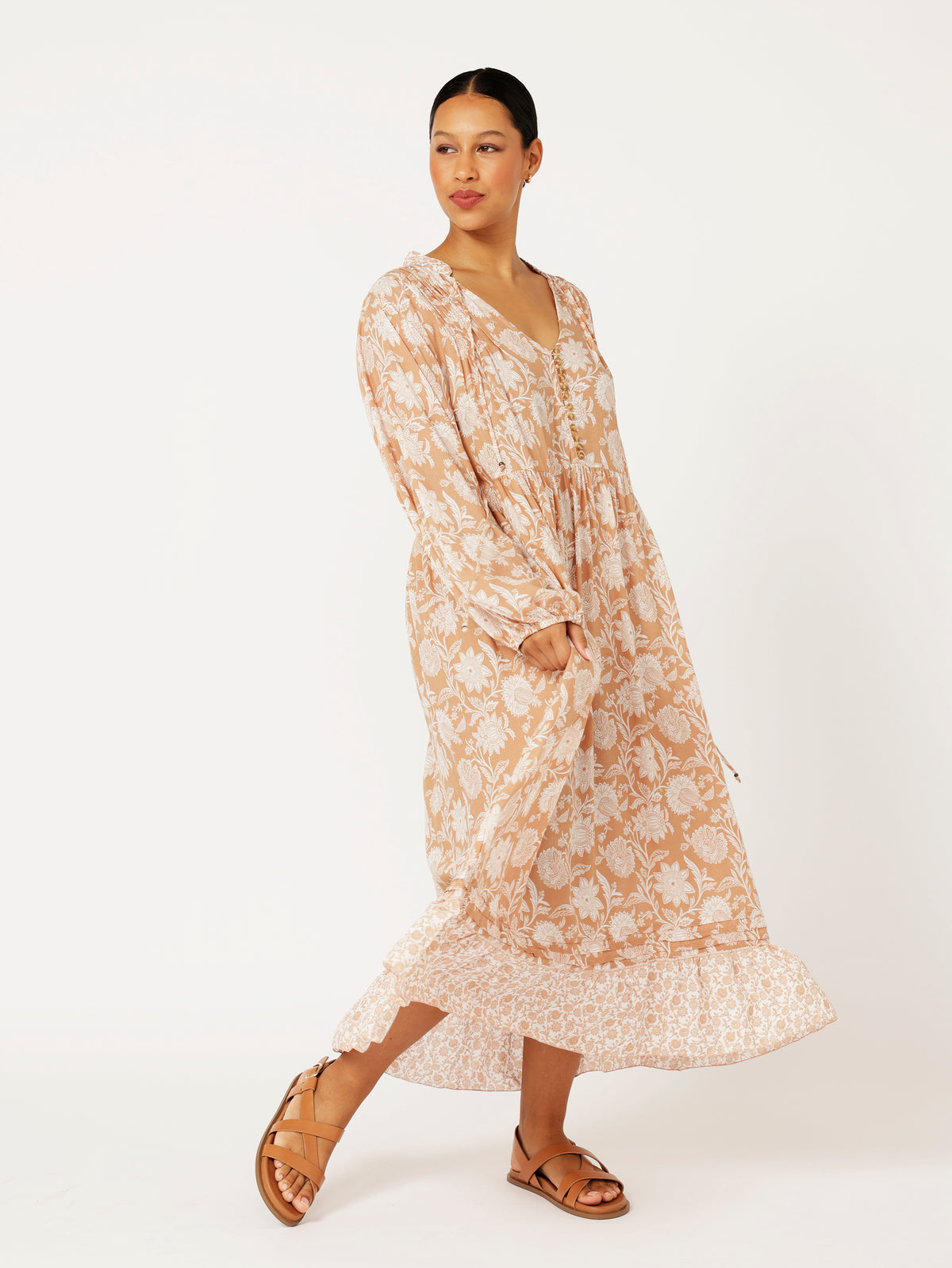 Juliette Dress | MIDI | Beige Flower - Saffron Road