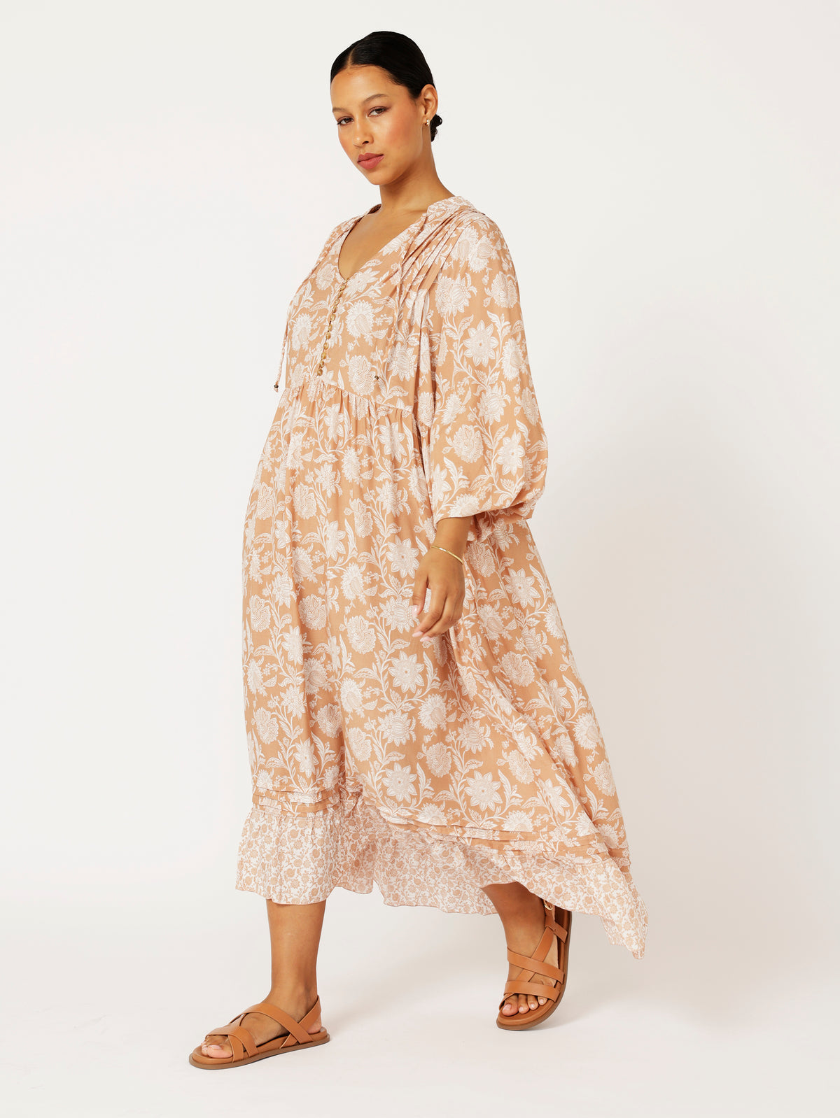 Juliette Dress | MIDI | Beige Flower - Saffron Road