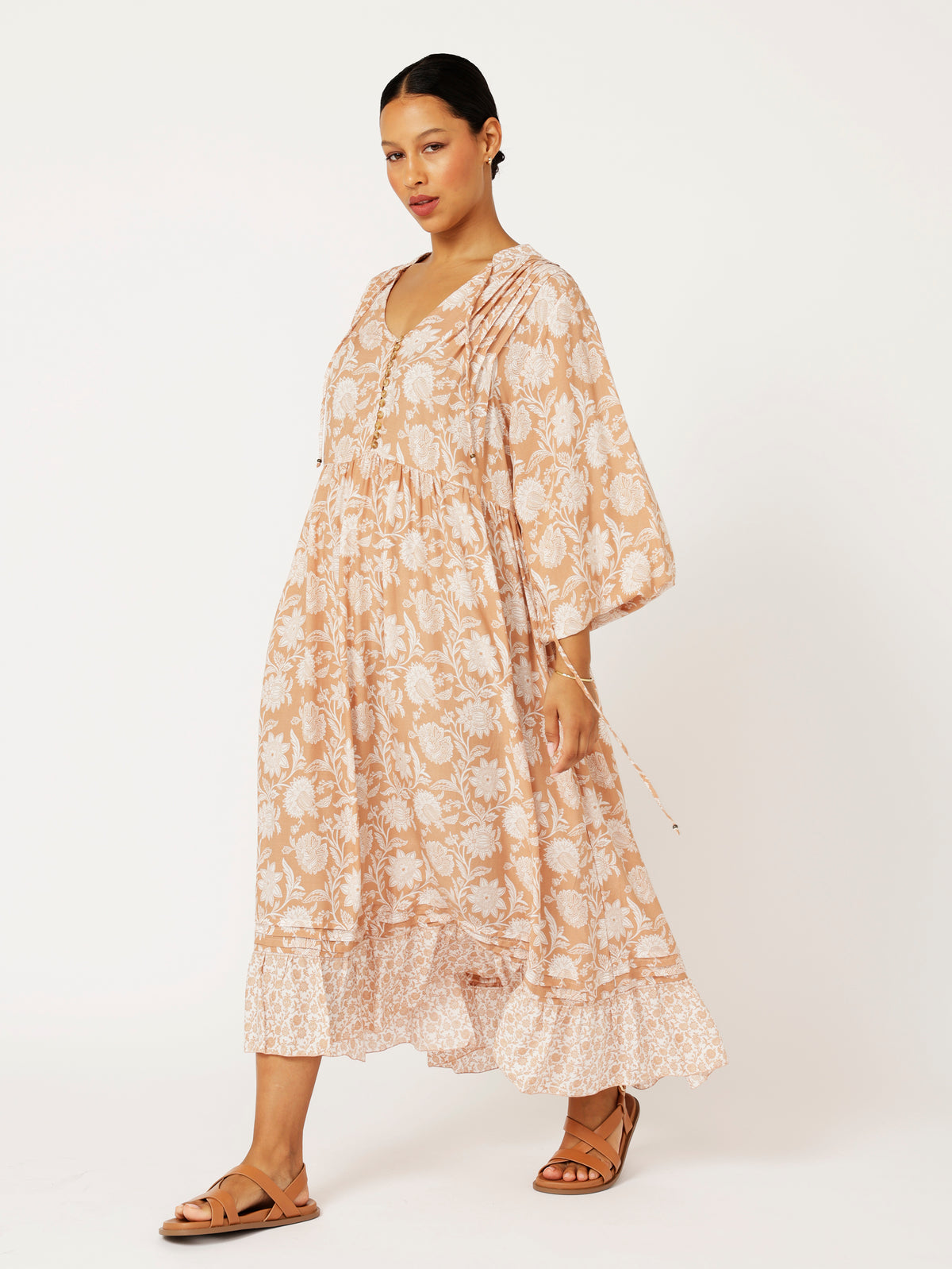 Juliette Dress | MIDI | Beige Flower - Saffron Road